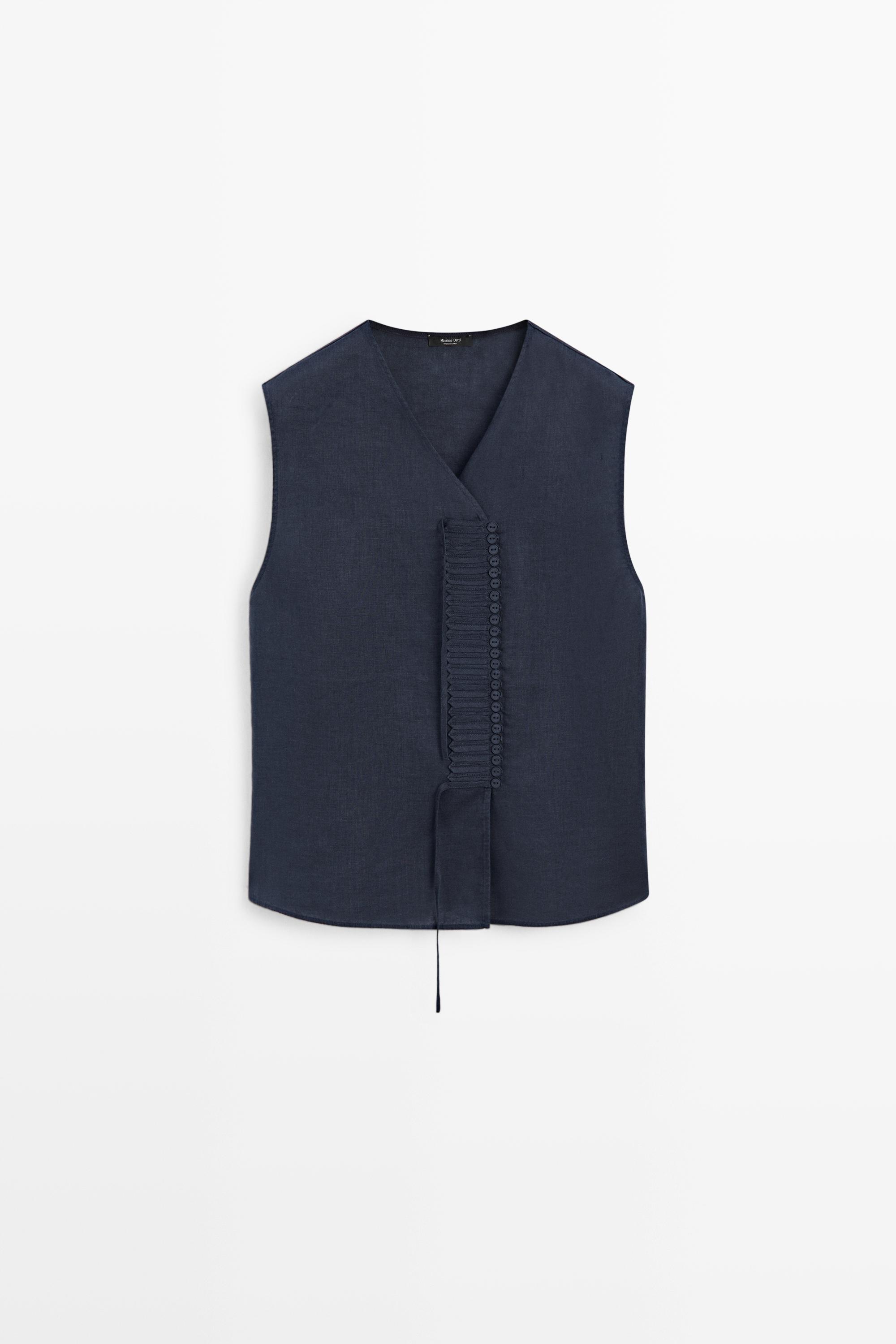 100% linen crossover top with button detail Navy Blue