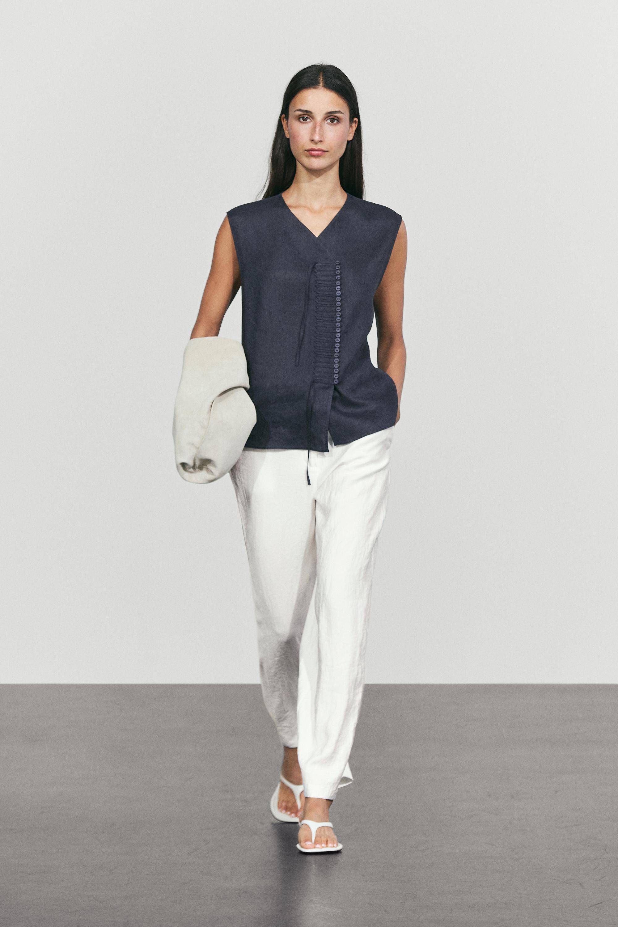 100% linen crossover top with button detail Navy Blue