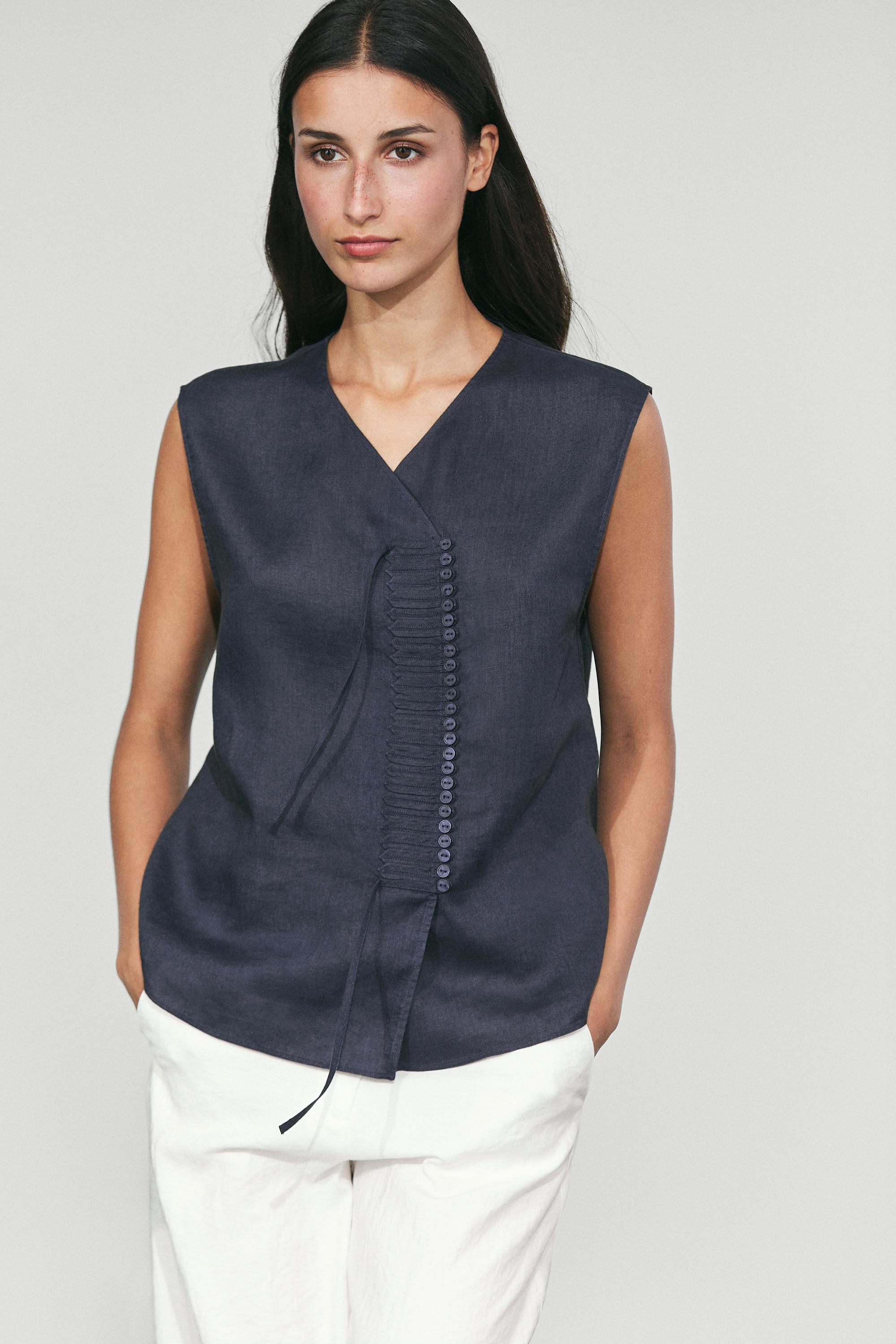 100% linen crossover top with button detail Navy Blue