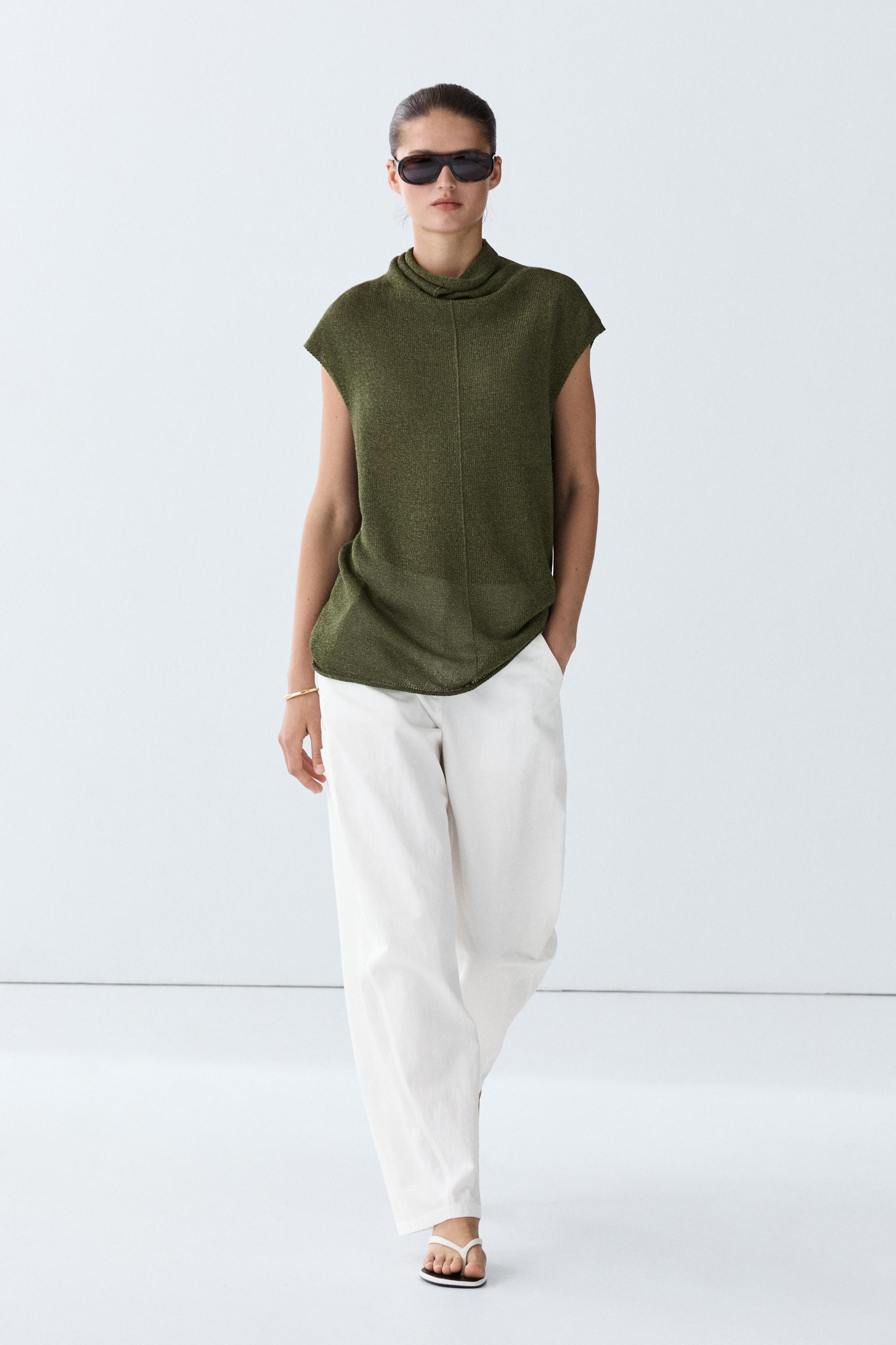 Draped high neck knit top Green