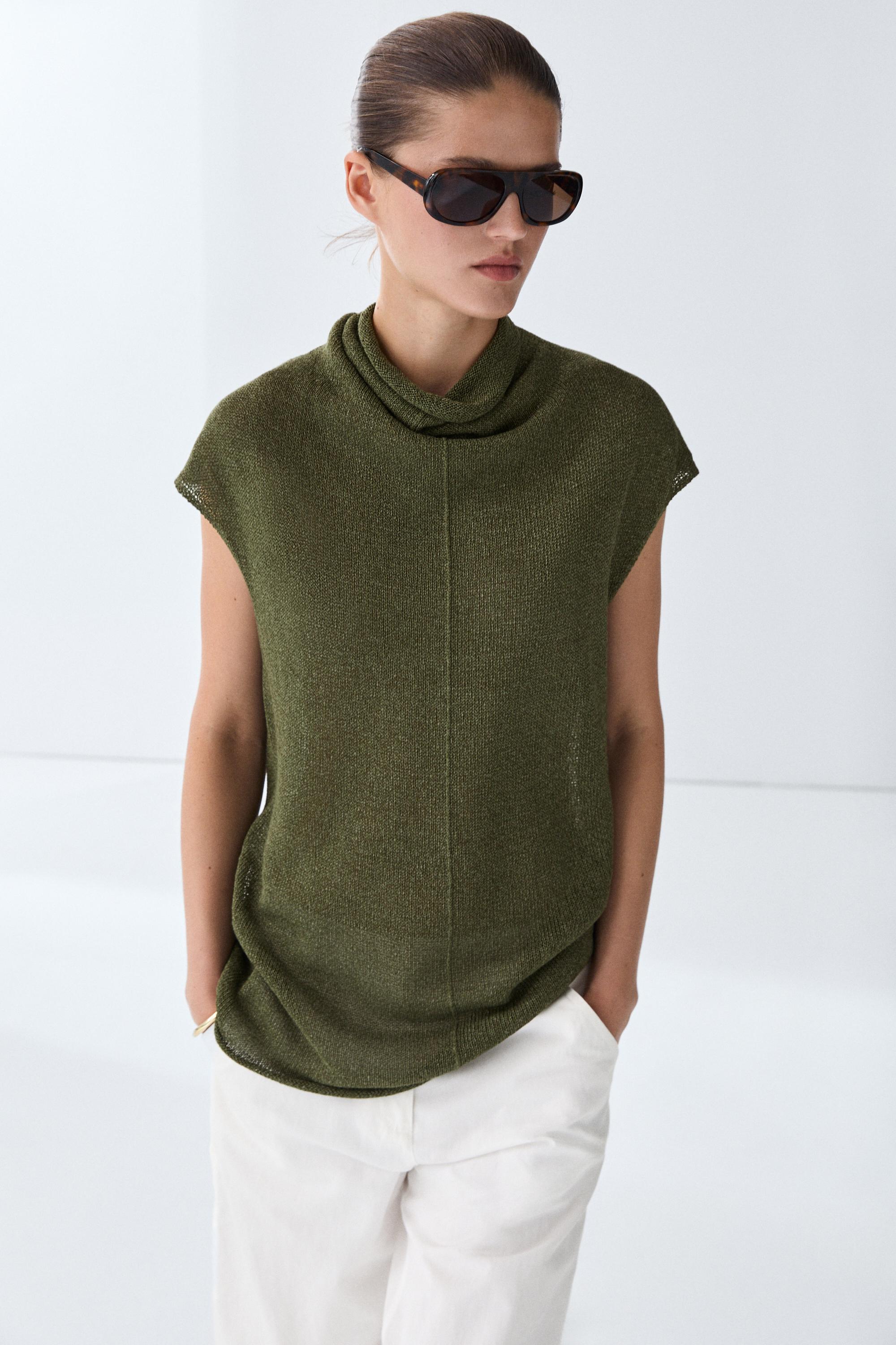 Draped high neck knit top Green