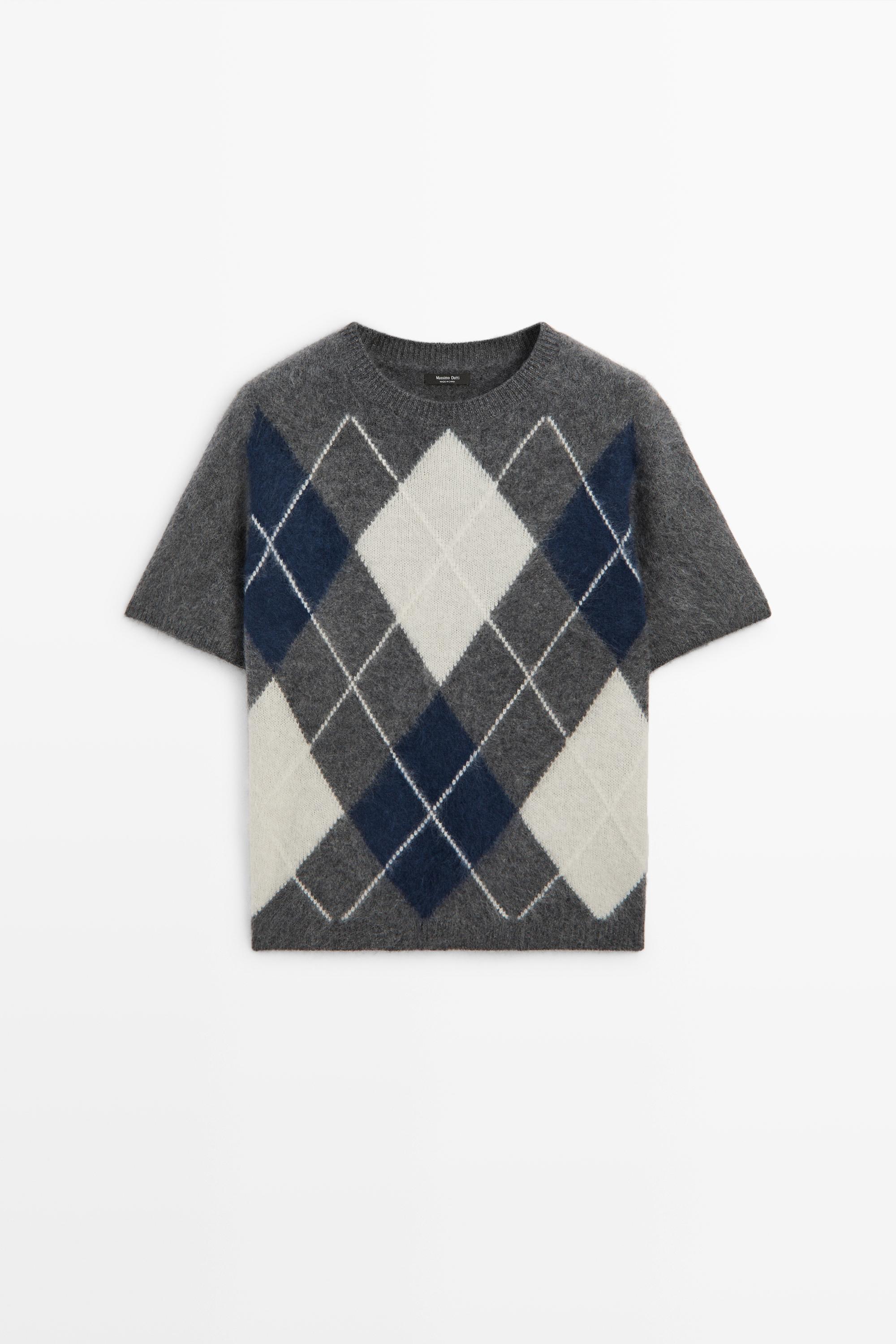 Wool cashmere argyle short sleeve knit sweater Grey
