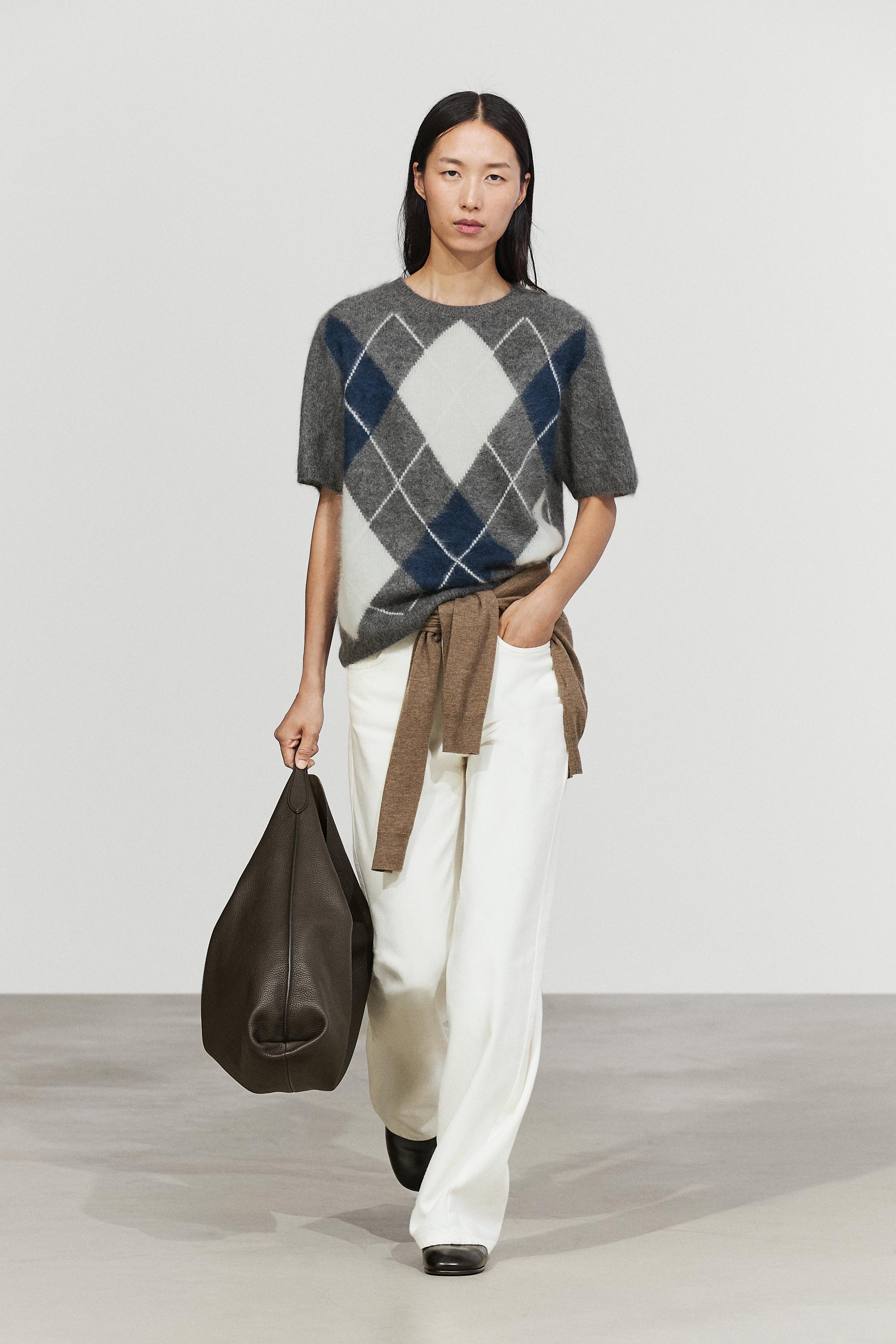 Wool cashmere argyle short sleeve knit sweater Grey