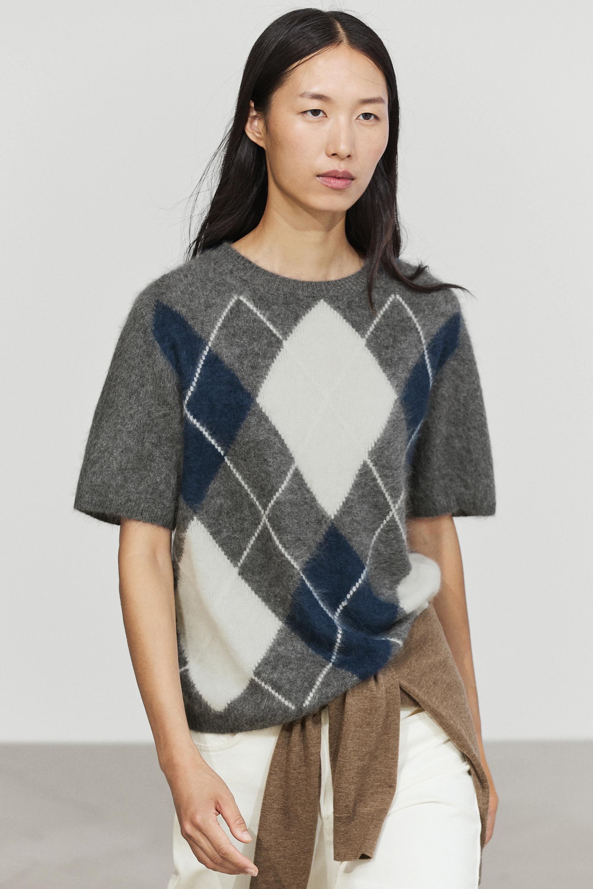 Wool cashmere argyle short sleeve knit sweater Grey