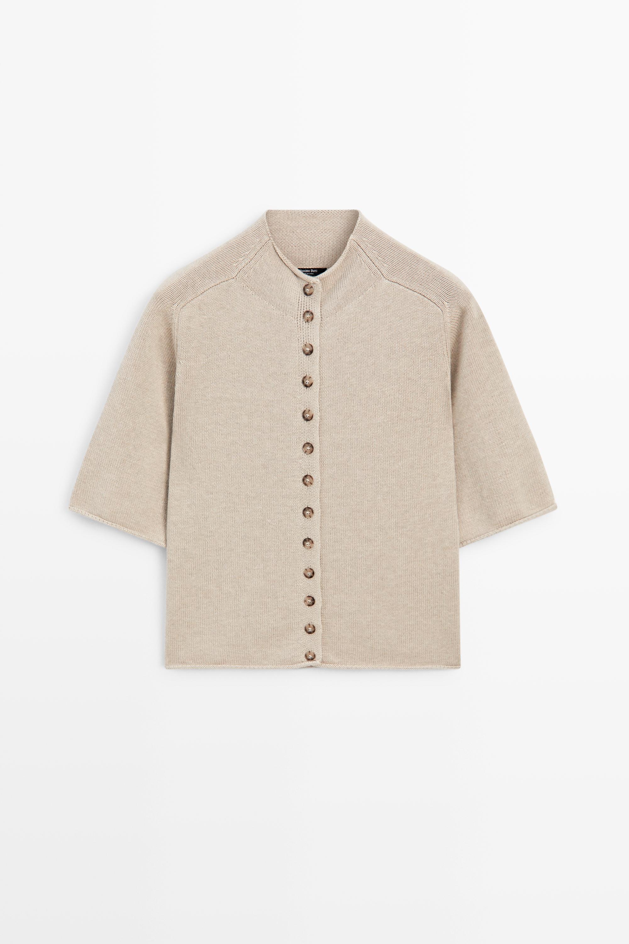 Cotton funnel neck knit cardigan Stone