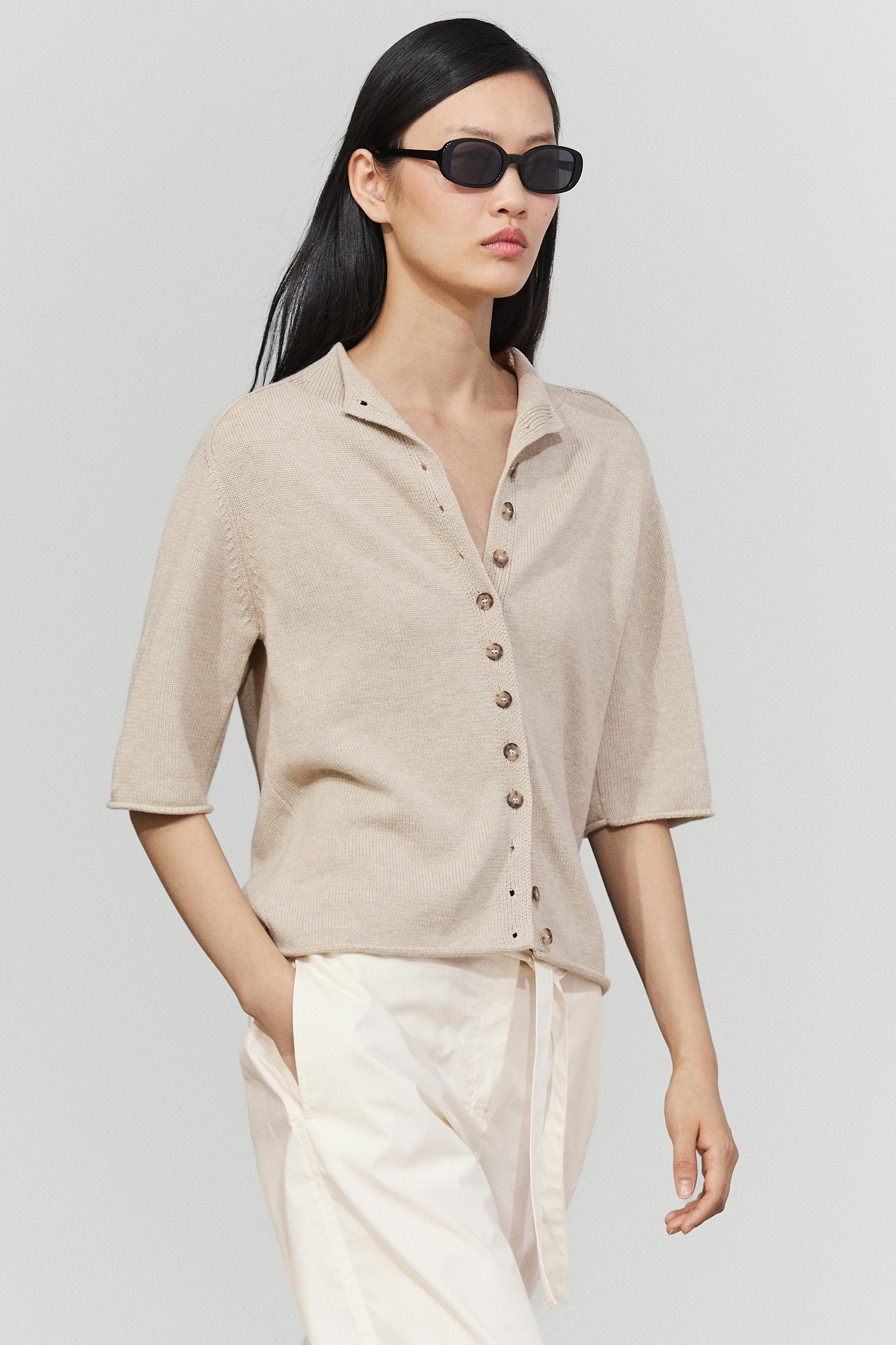 Cotton funnel neck knit cardigan Stone