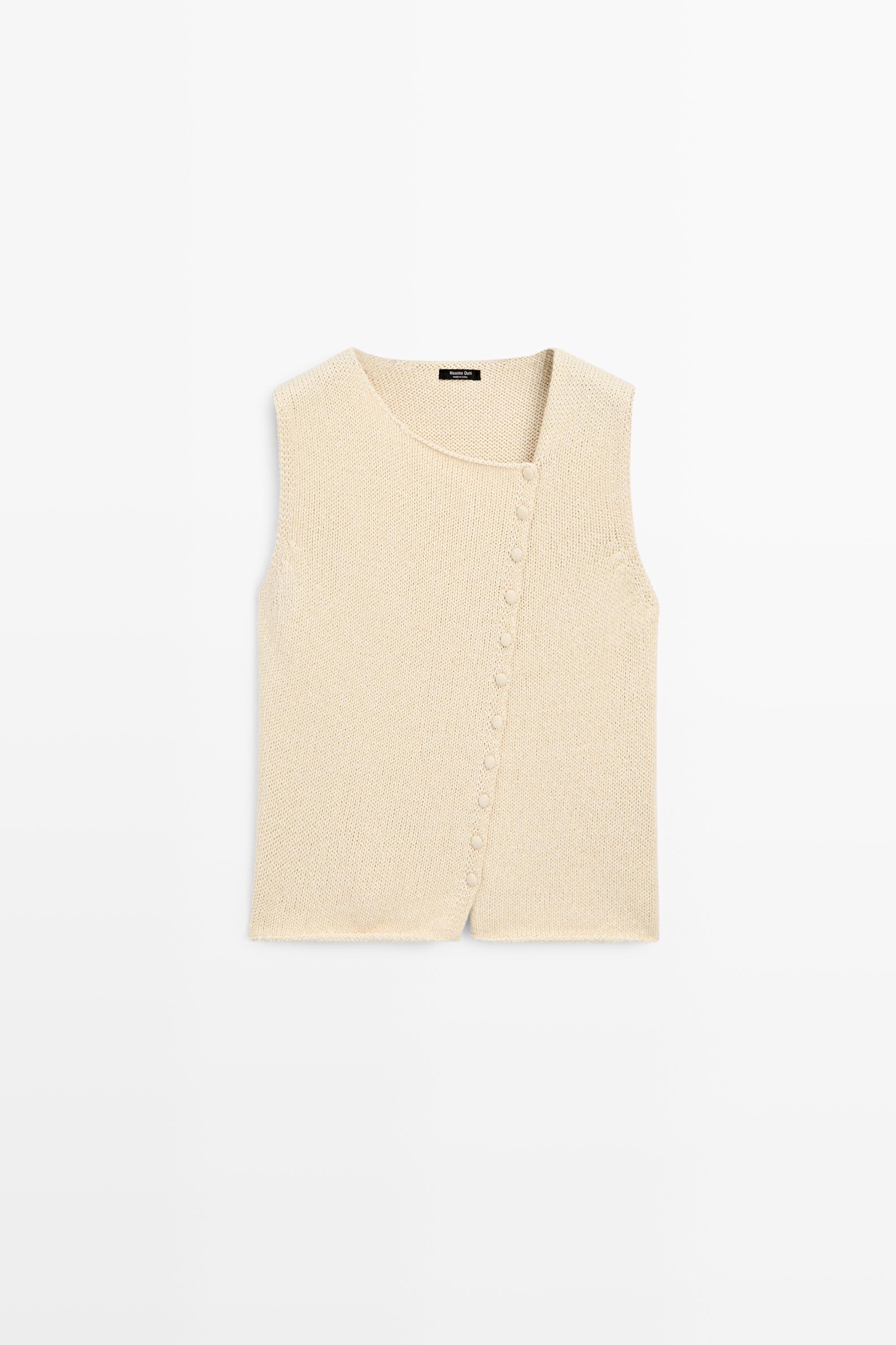 Cotton blend knit top with button detail Cream