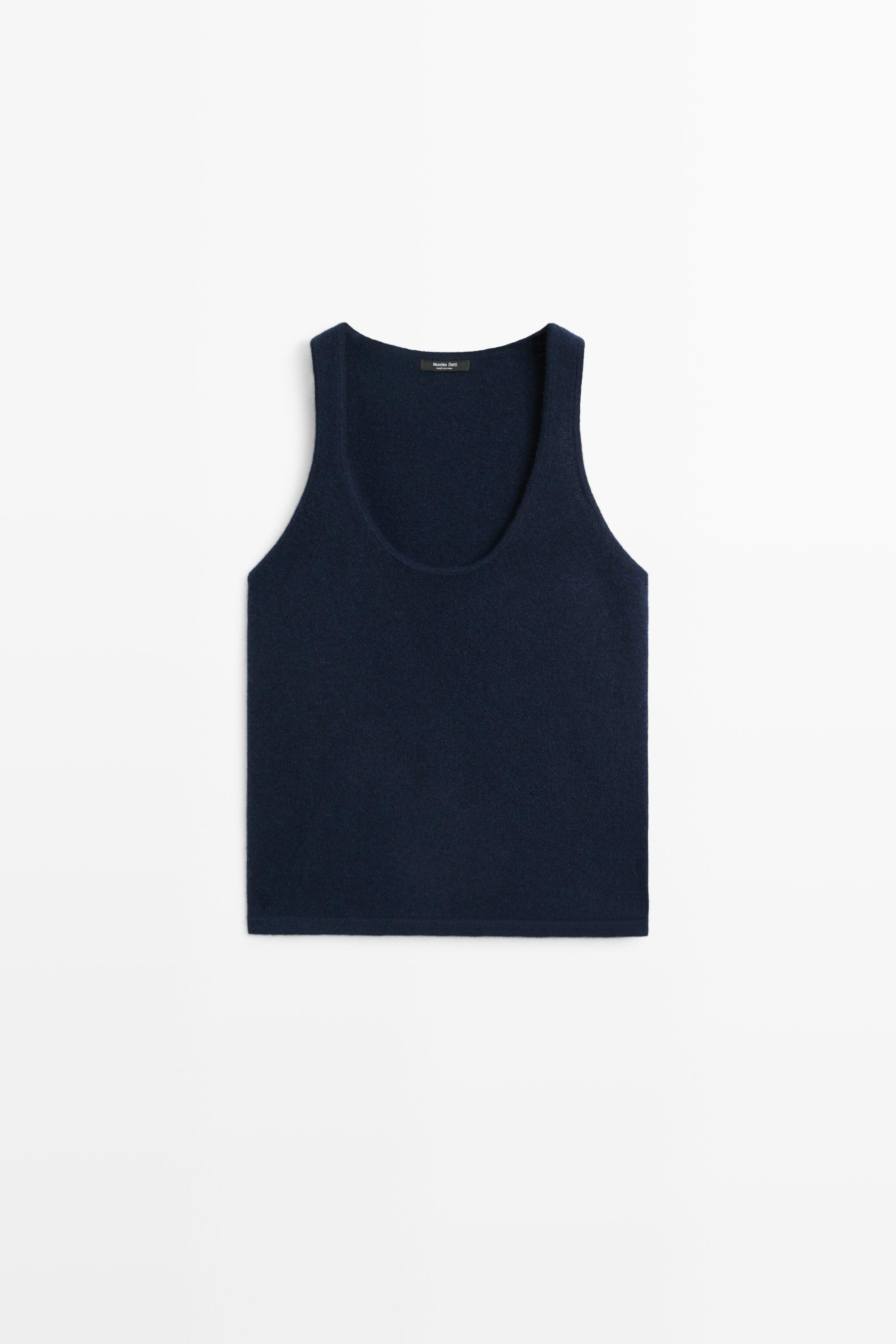Wool blend knit round neck top Navy Blue