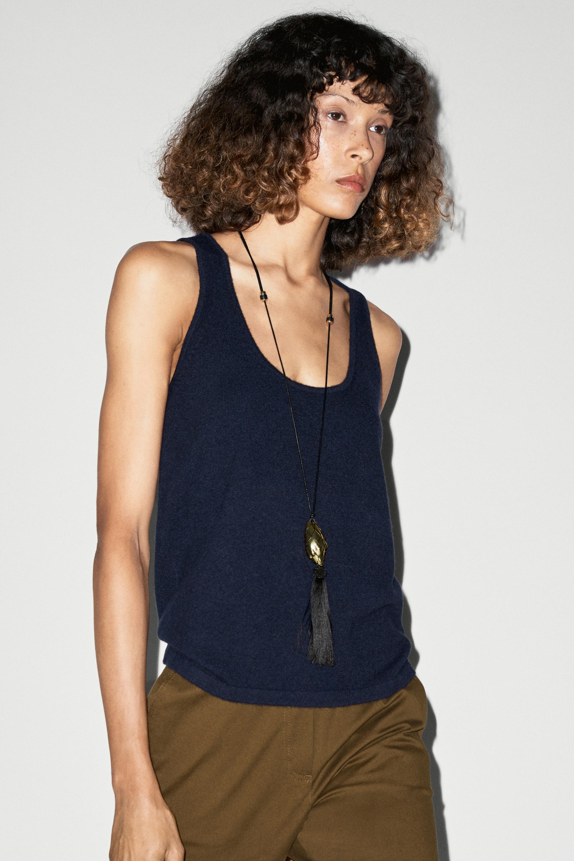 Wool blend knit round neck top Navy Blue