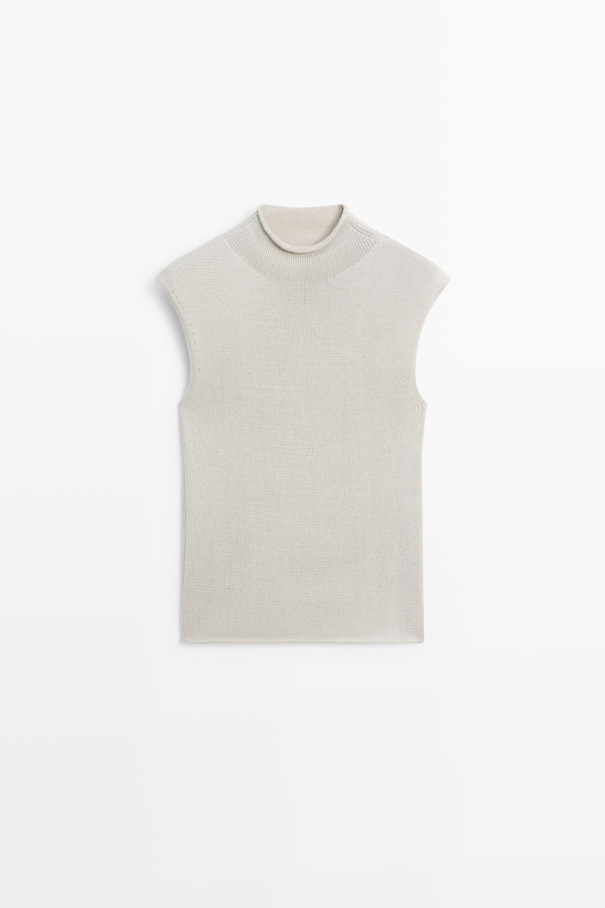Cotton blend high neck knit top Stone