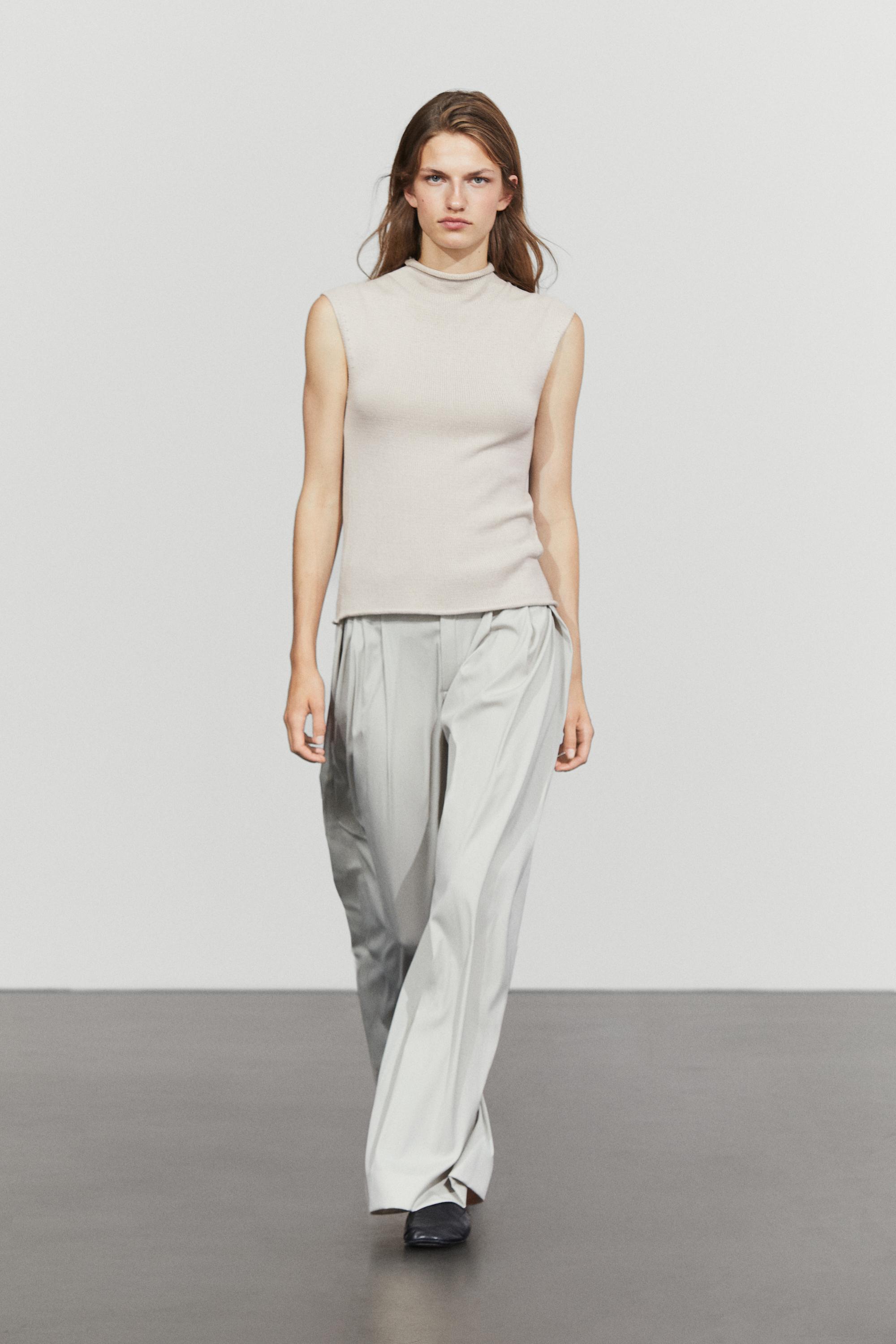 Cotton blend high neck knit top Stone