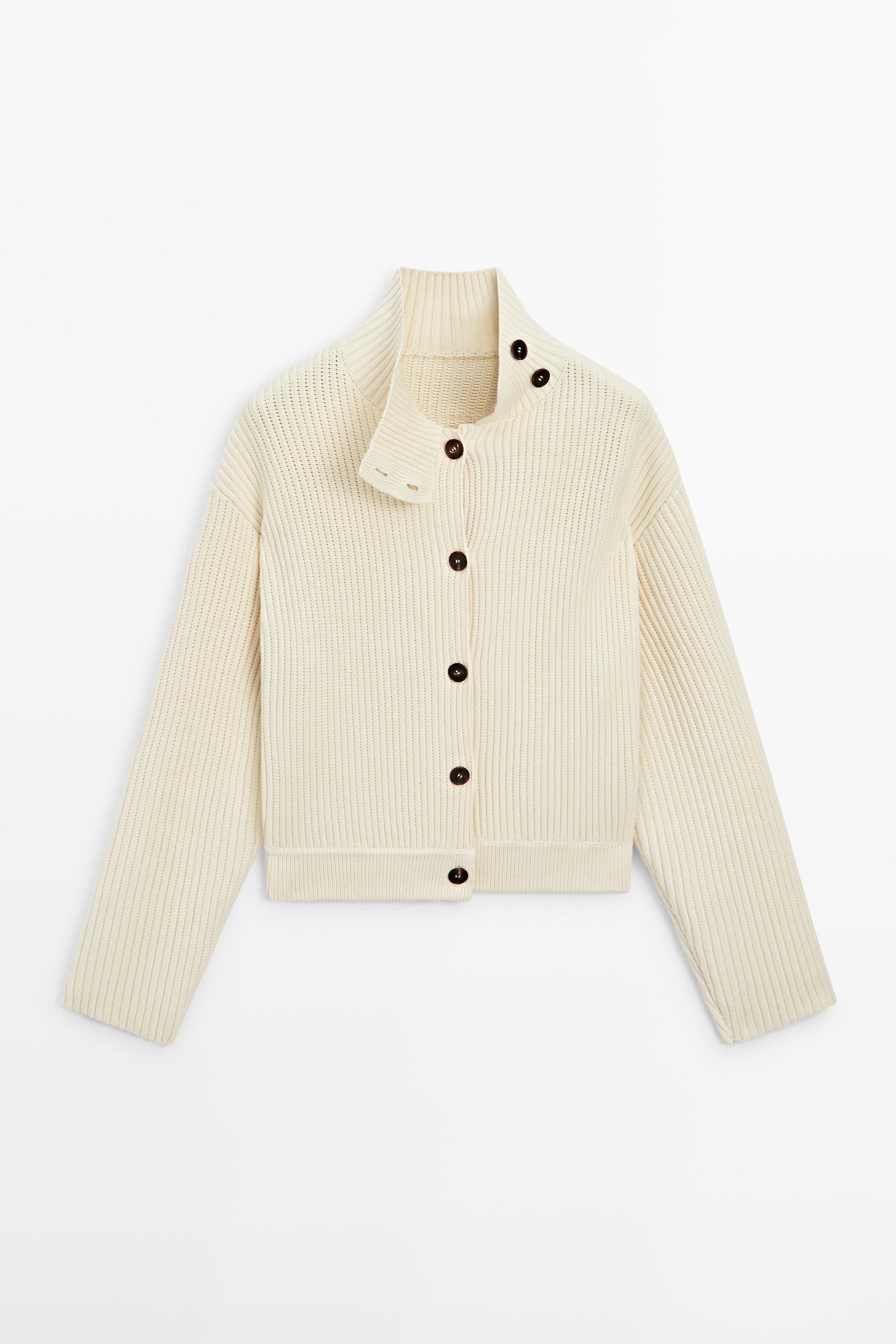 100% cotton turtleneck knit cardigan Cream