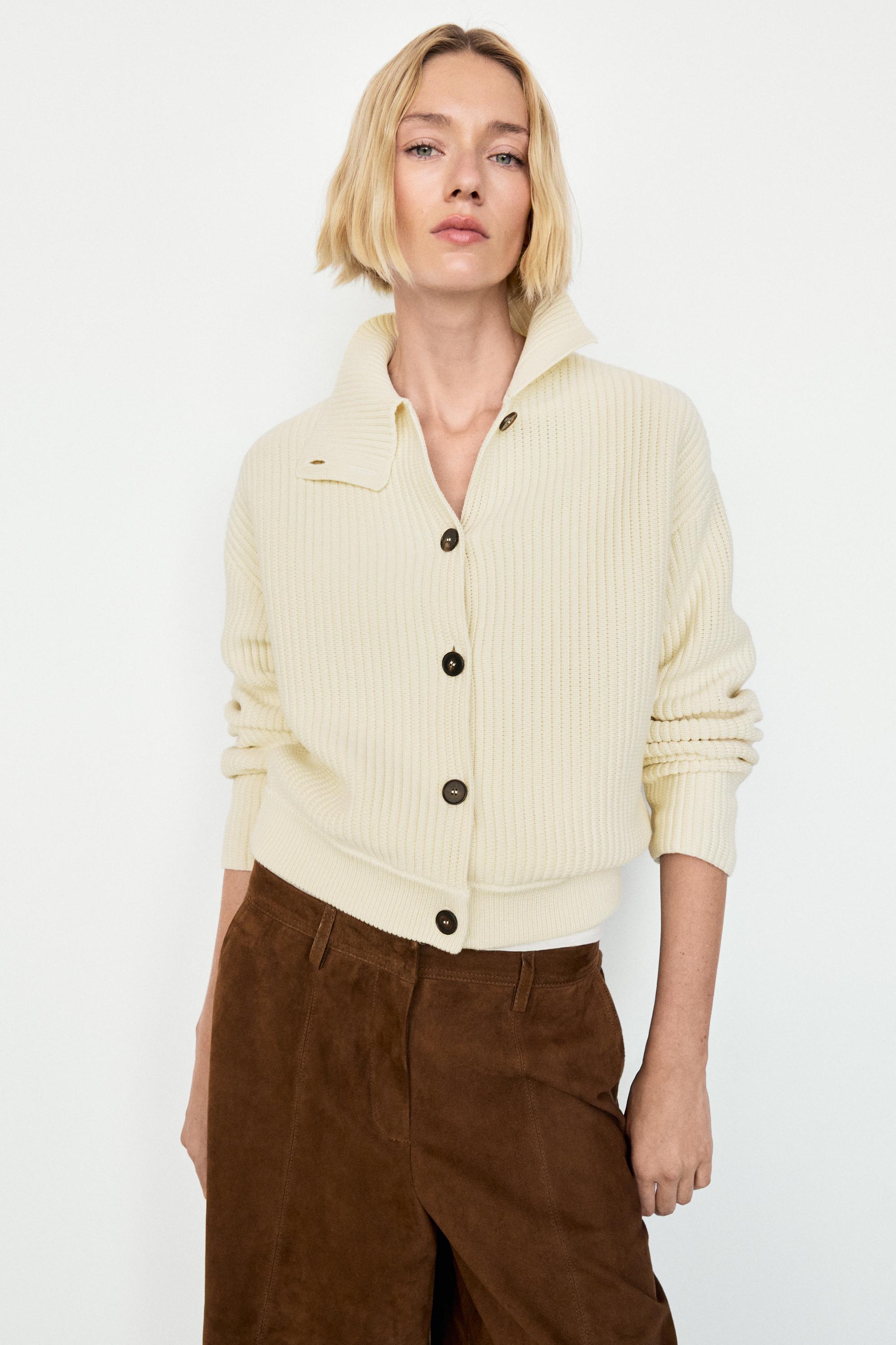 100% cotton turtleneck knit cardigan Cream
