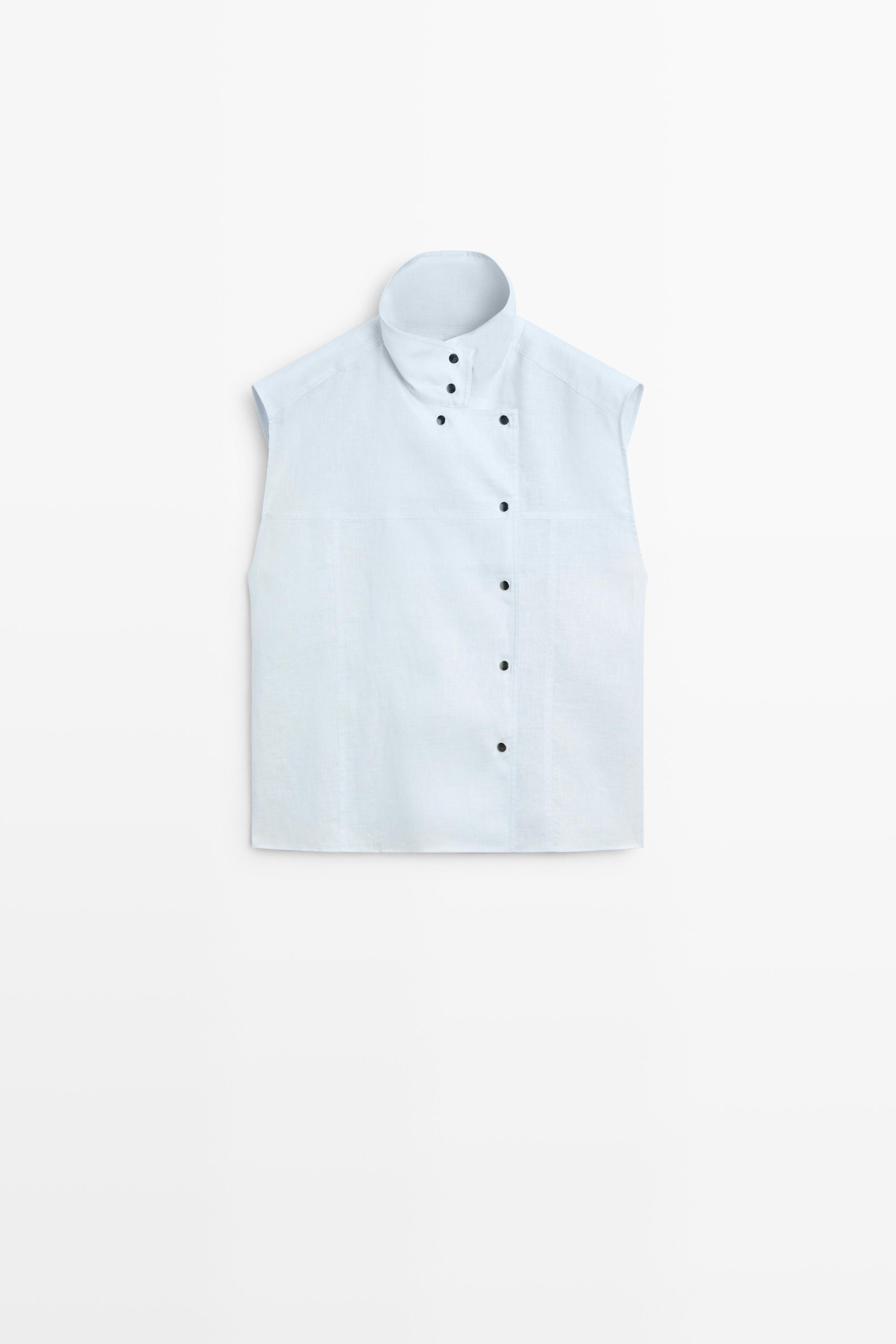 100% linen fine button-down top Light Blue