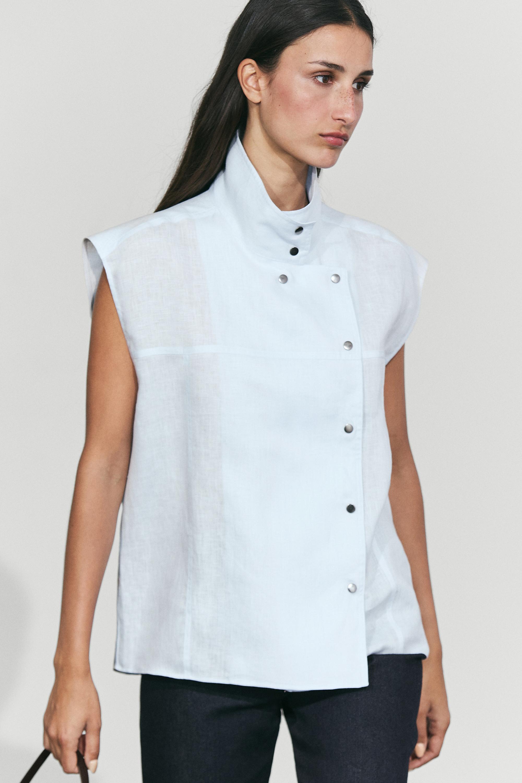 100% linen fine button-down top Light Blue