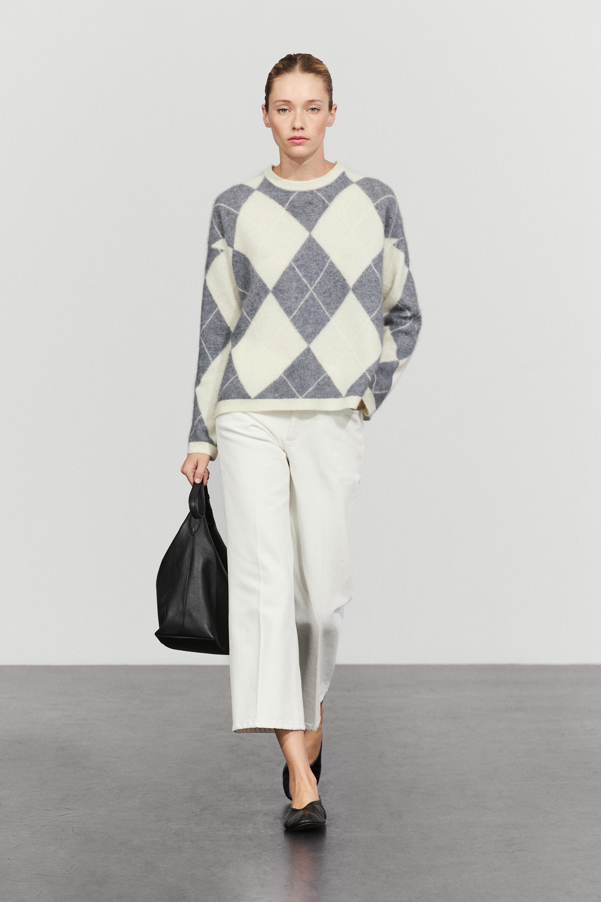 Wool-blend diamond-pattern knit sweater Grey