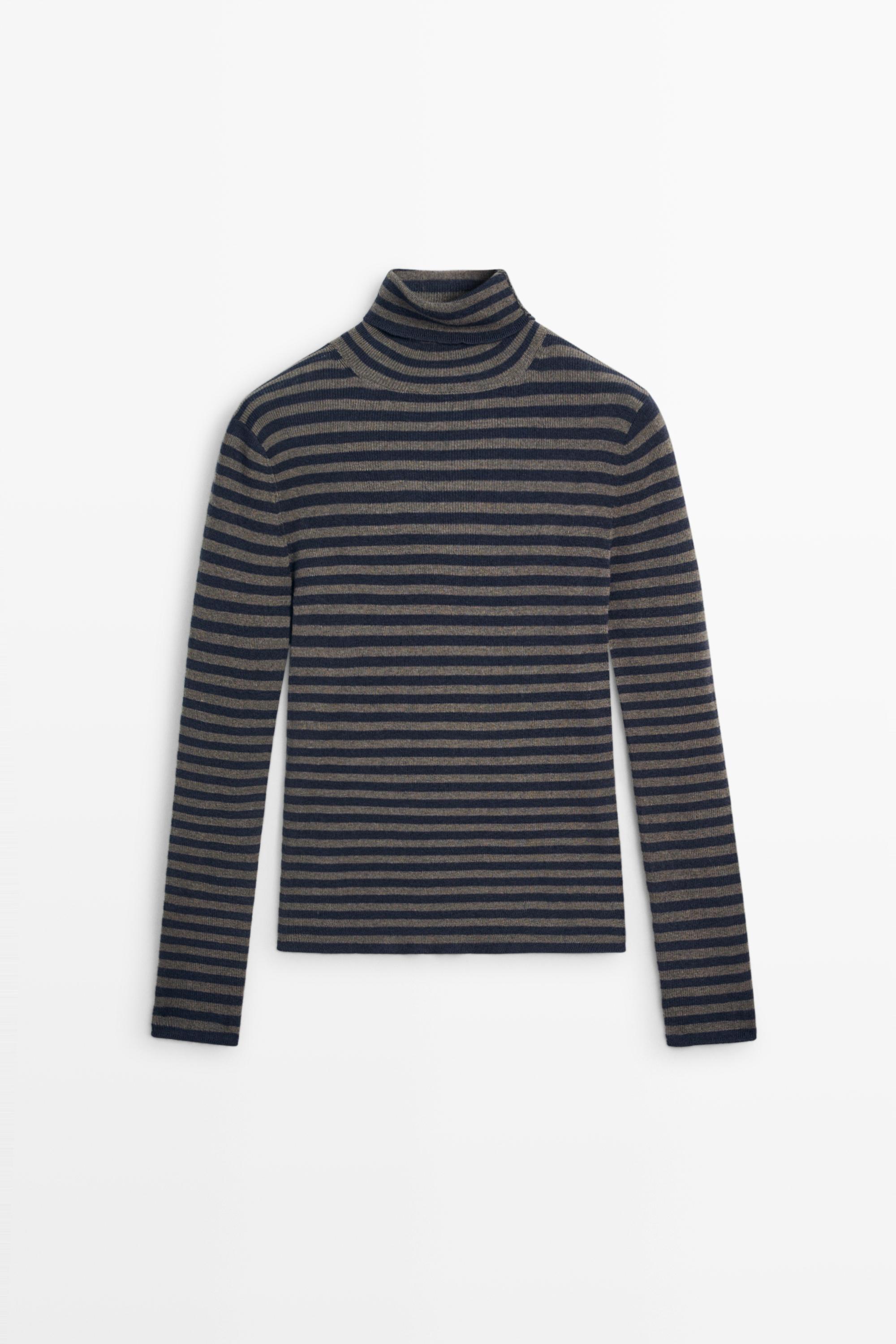 Striped turtleneck knit sweater Navy Blue