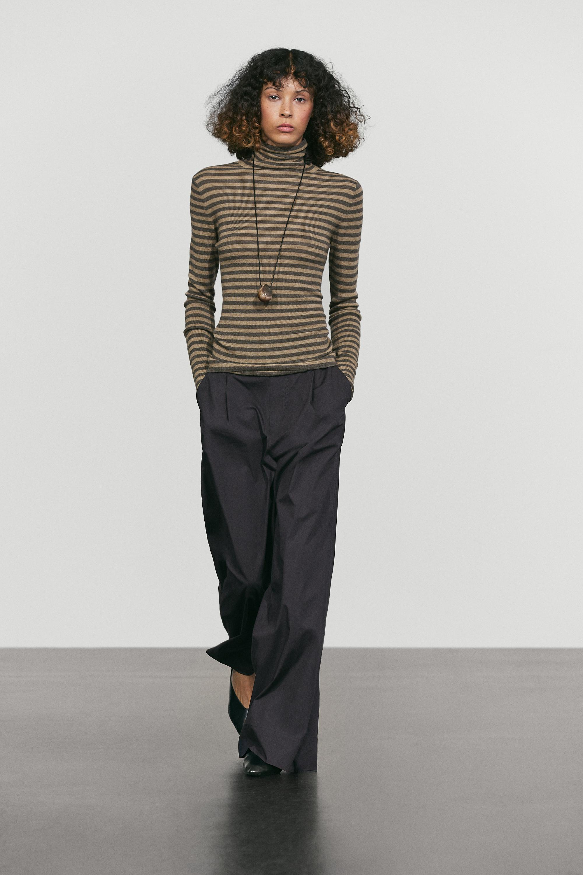 Striped turtleneck knit sweater Mole Brown