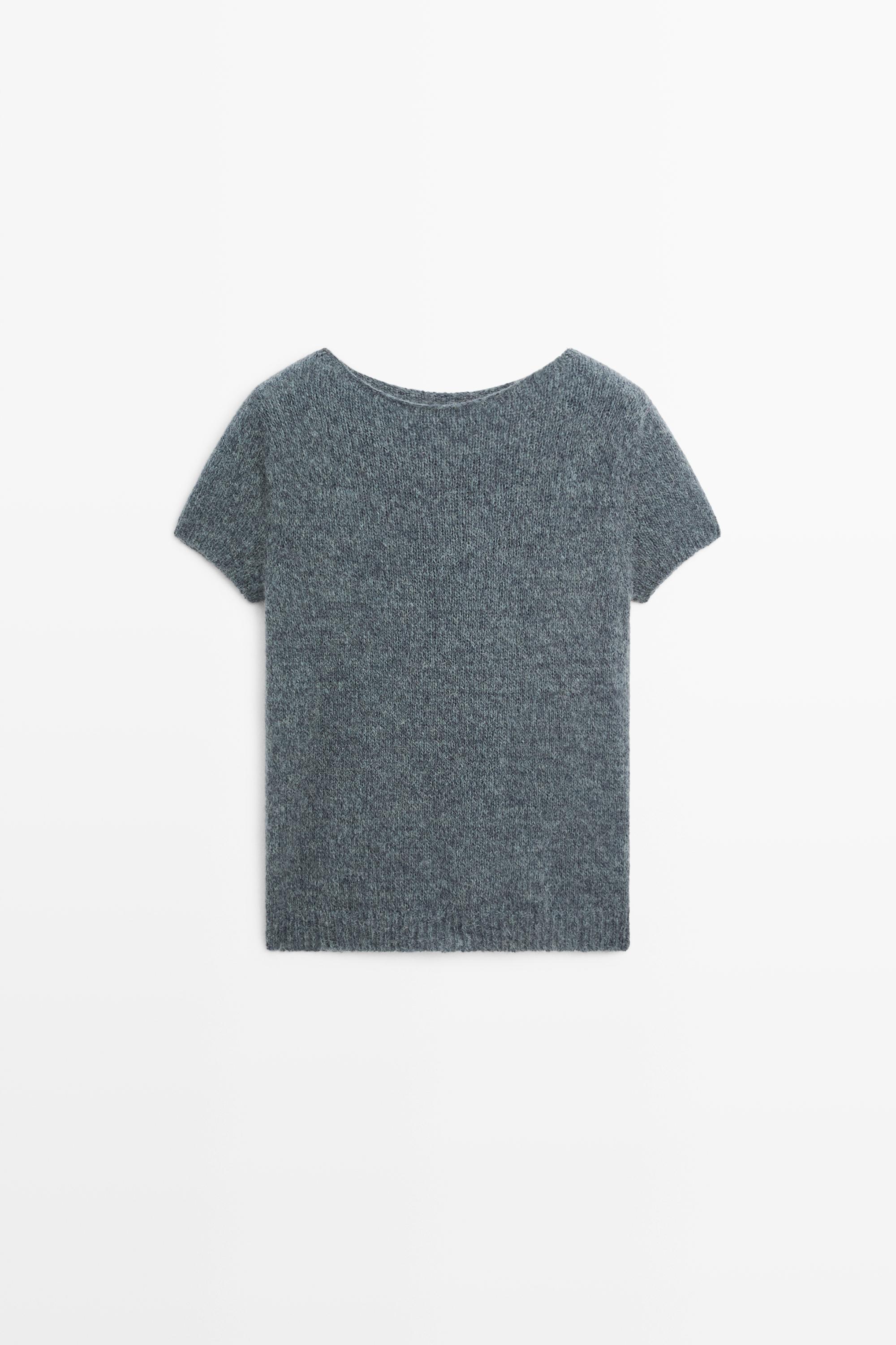 Short sleeve alpaca blend knit sweater Grey Blue