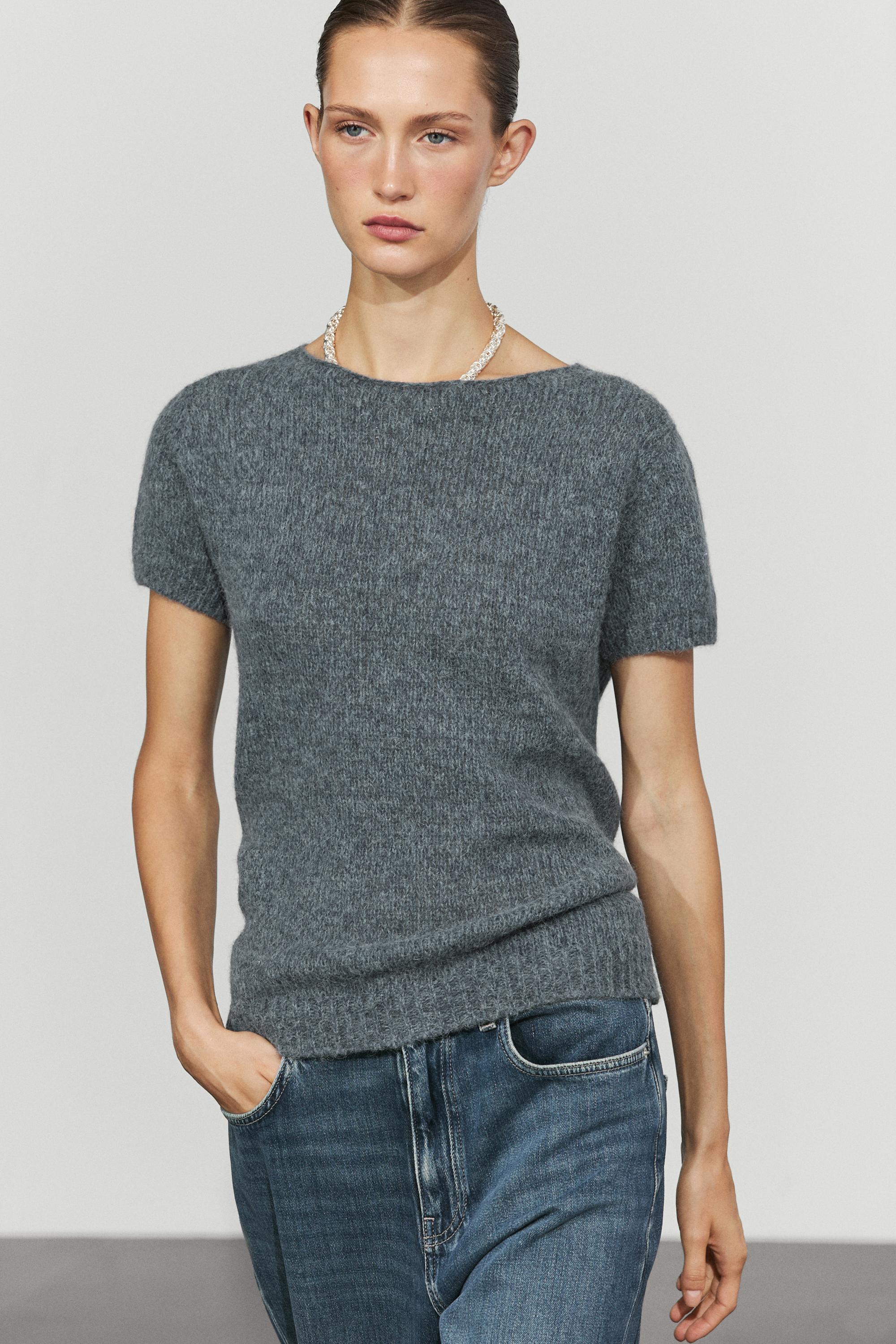 Short sleeve alpaca blend knit sweater Grey Blue