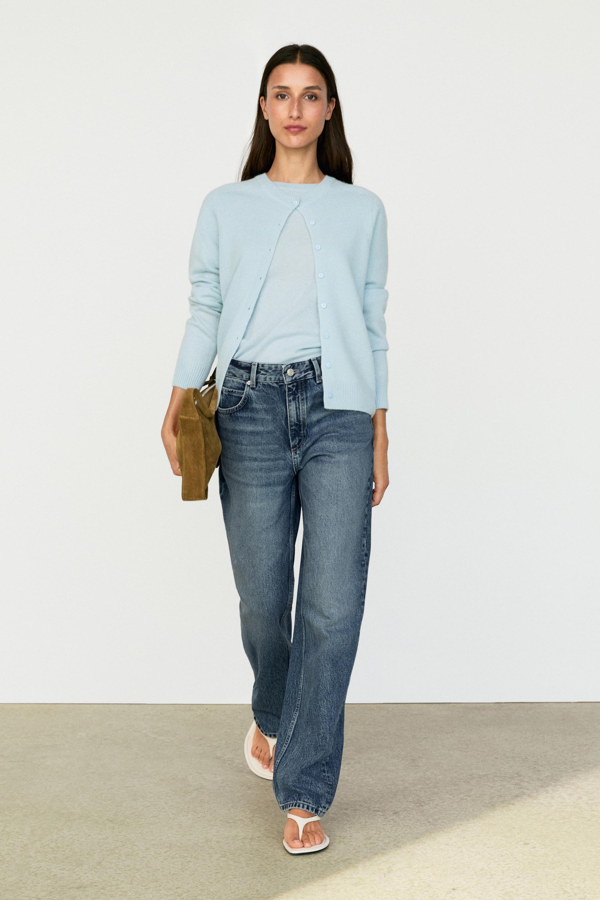 100% cashmere cropped knit cardigan Sky Blue