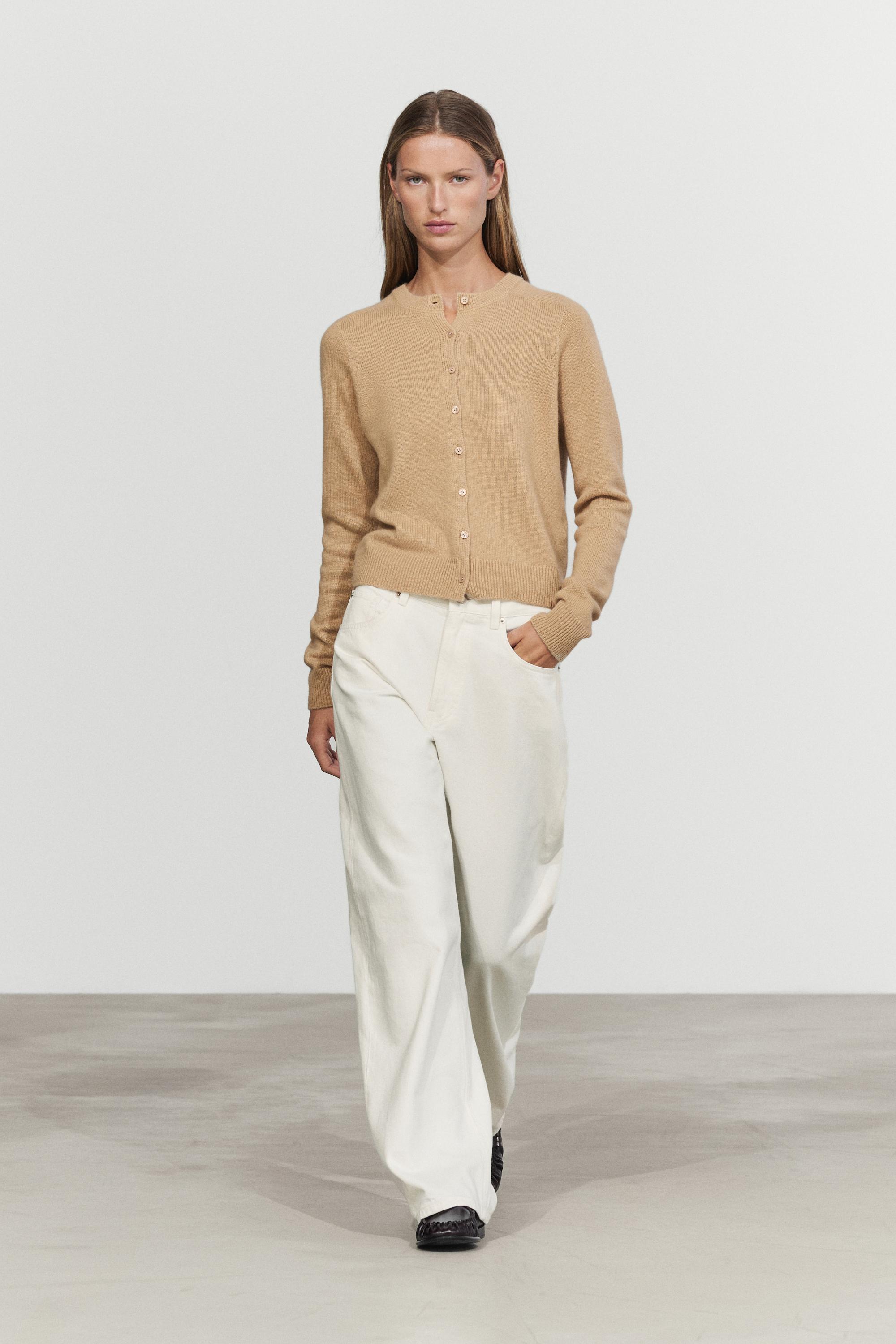 100% cashmere cropped knit cardigan Camel