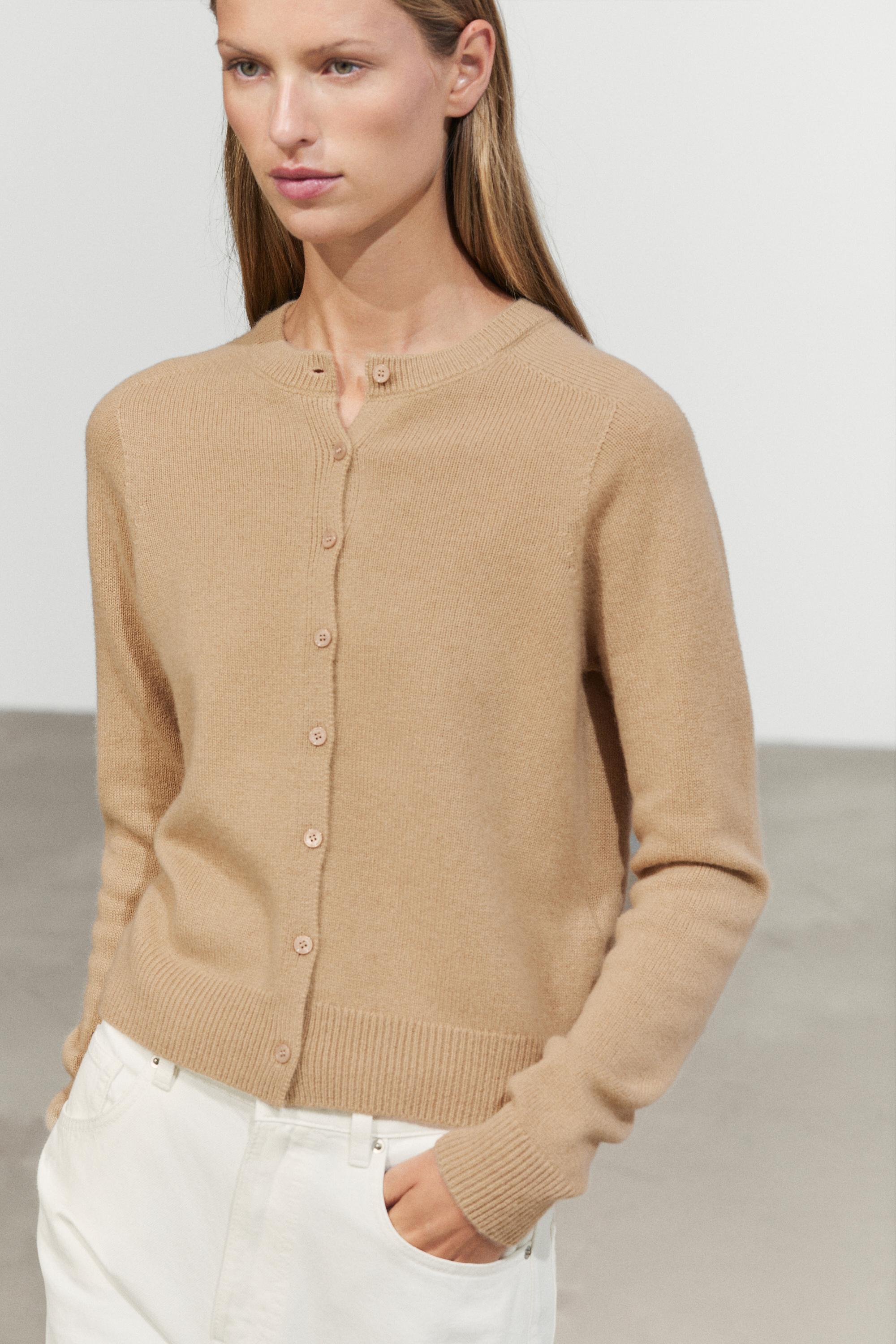 100% cashmere cropped knit cardigan Camel