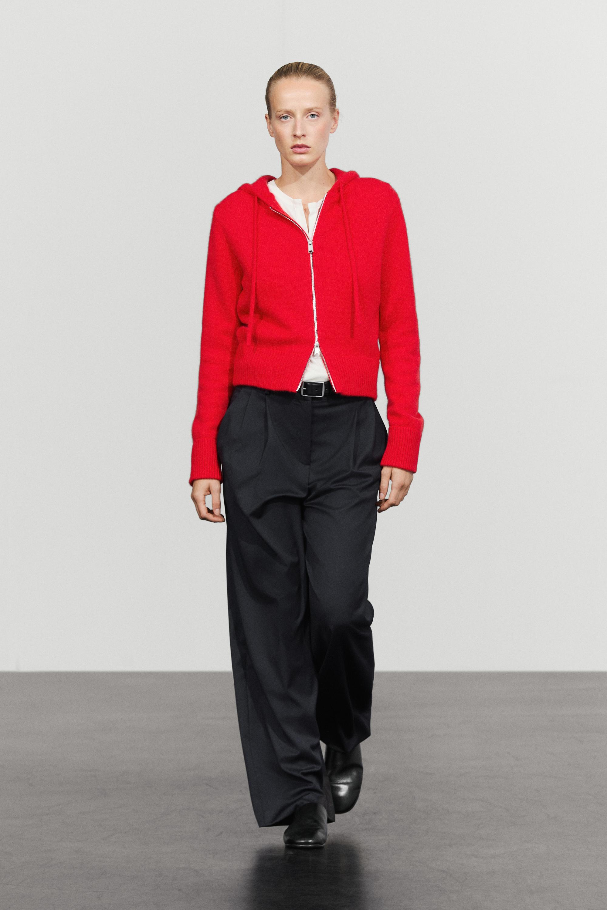 100% cashmere hooded zip-up cardigan Red