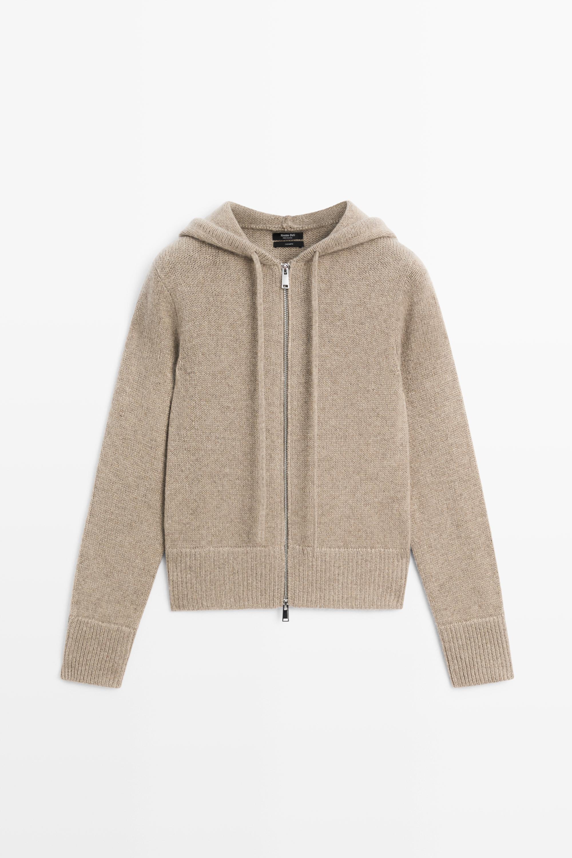 100% cashmere hooded zip-up cardigan Beige