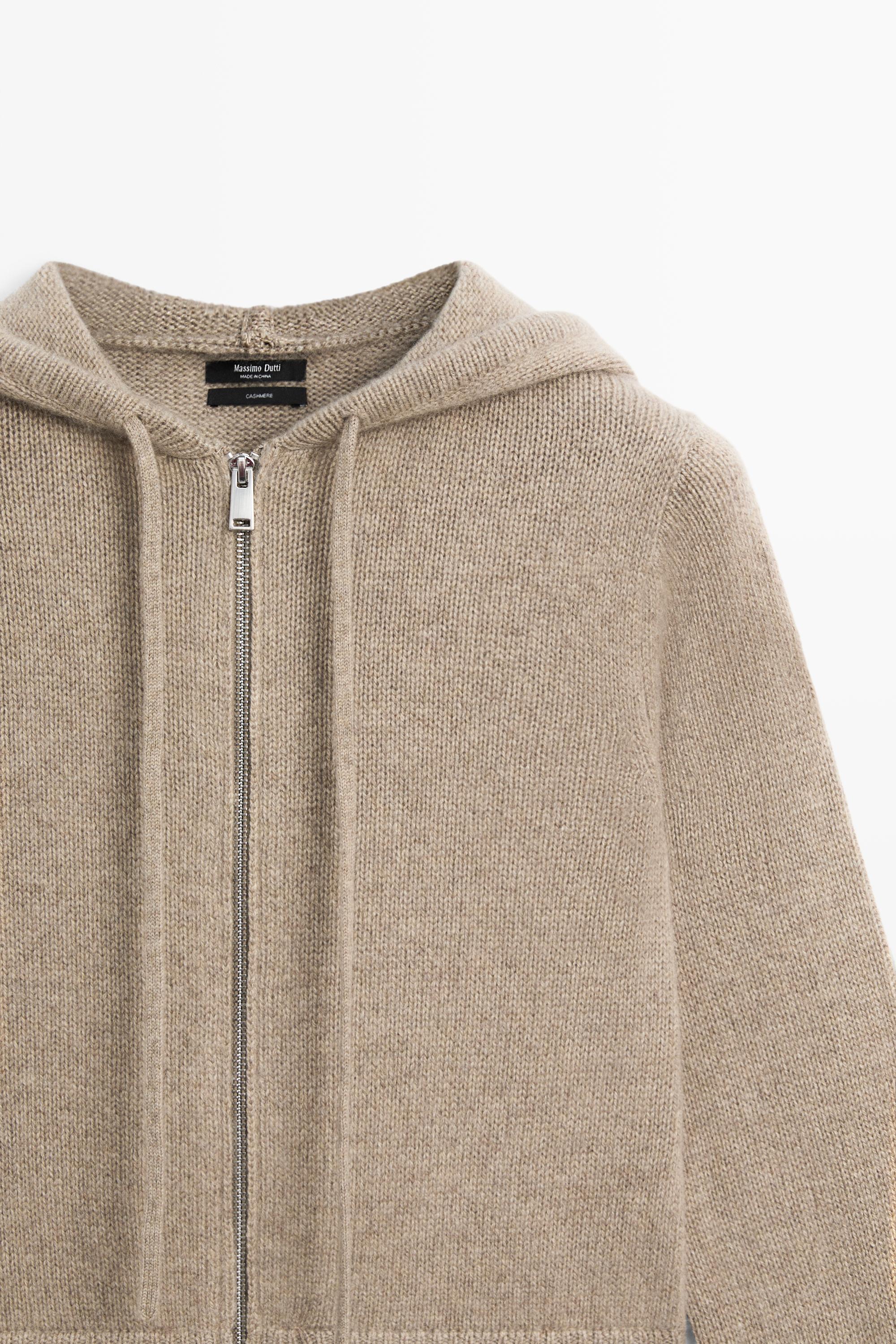 100% cashmere hooded zip-up cardigan Beige