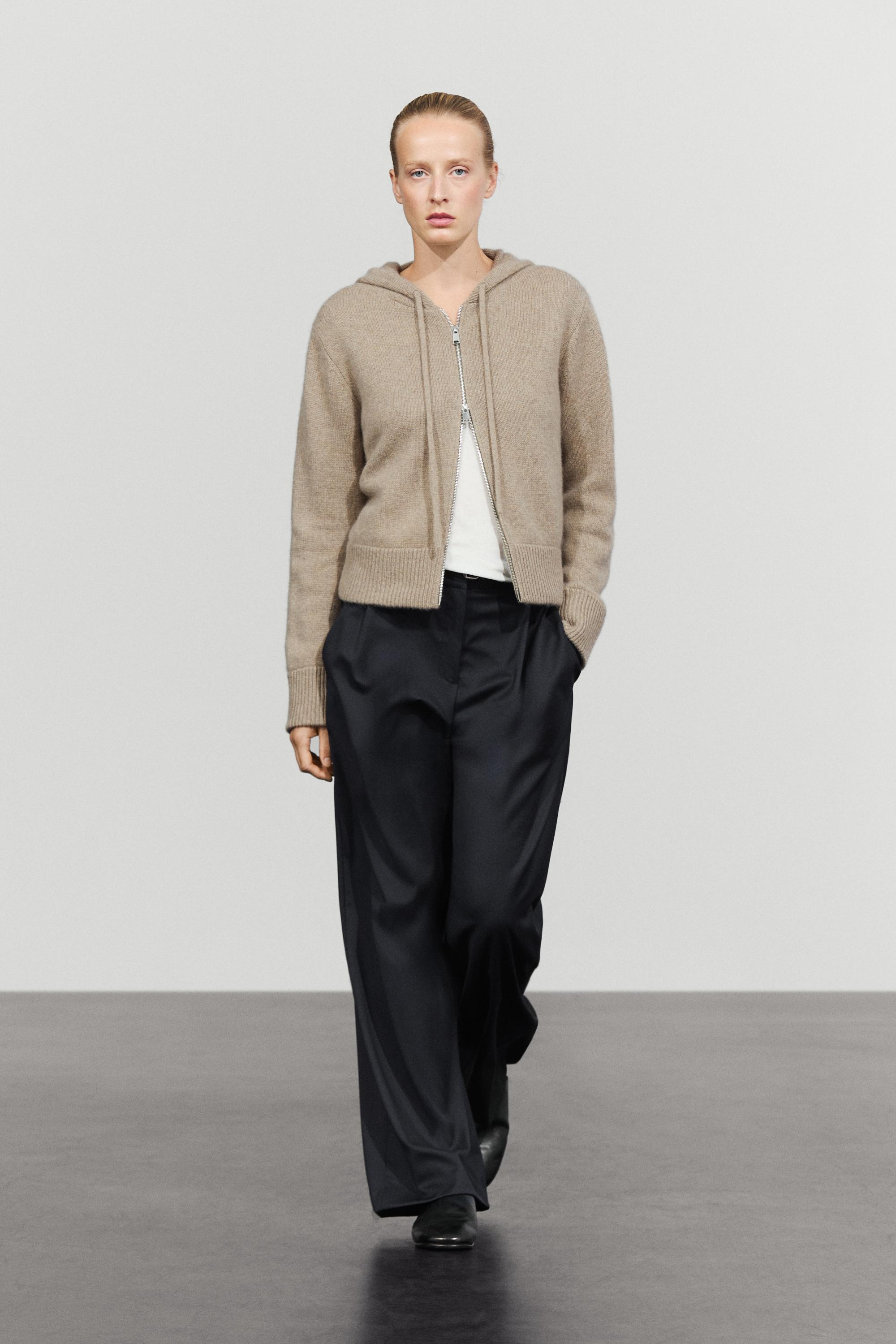 100% cashmere hooded zip-up cardigan Beige