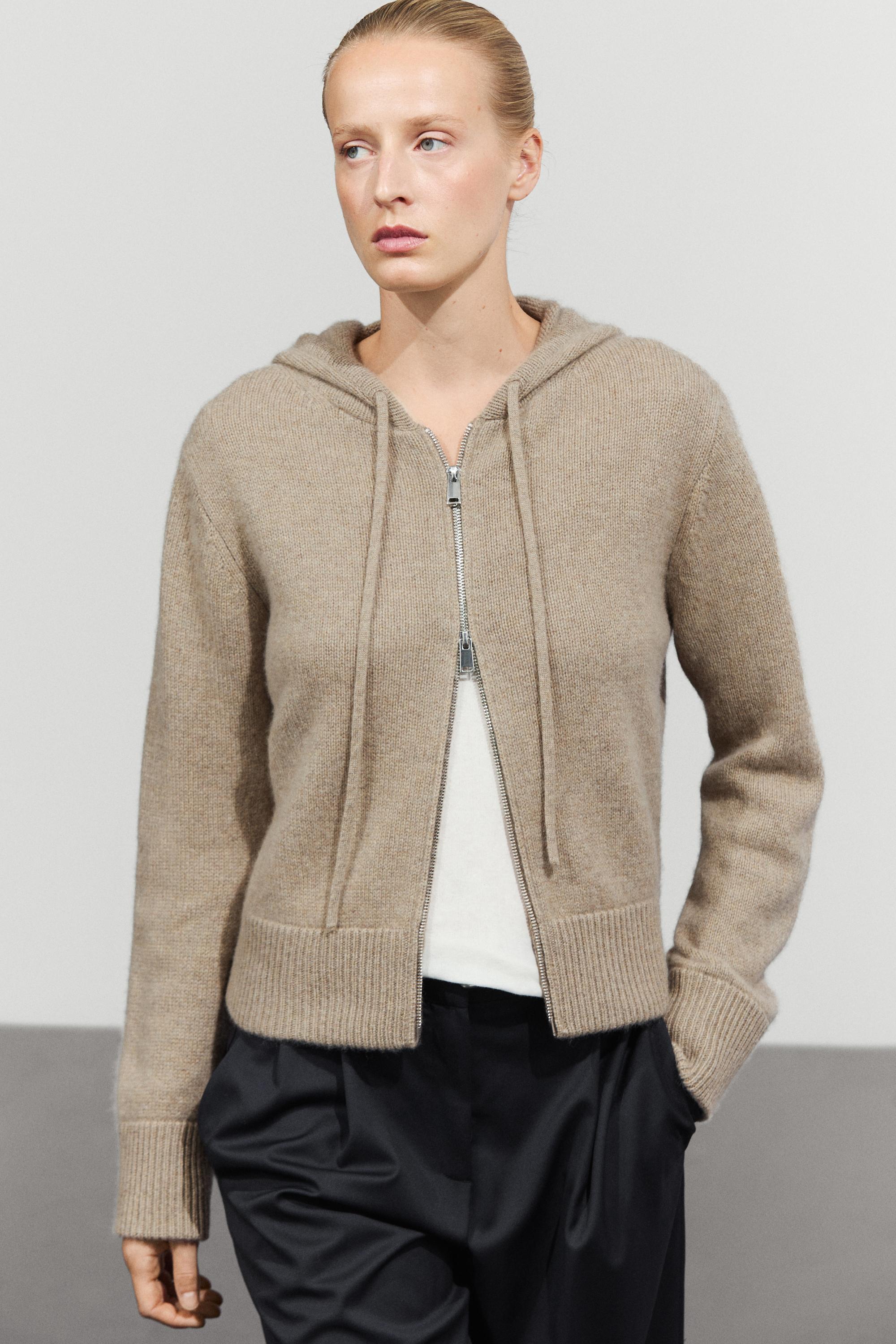 100% cashmere hooded zip-up cardigan Beige