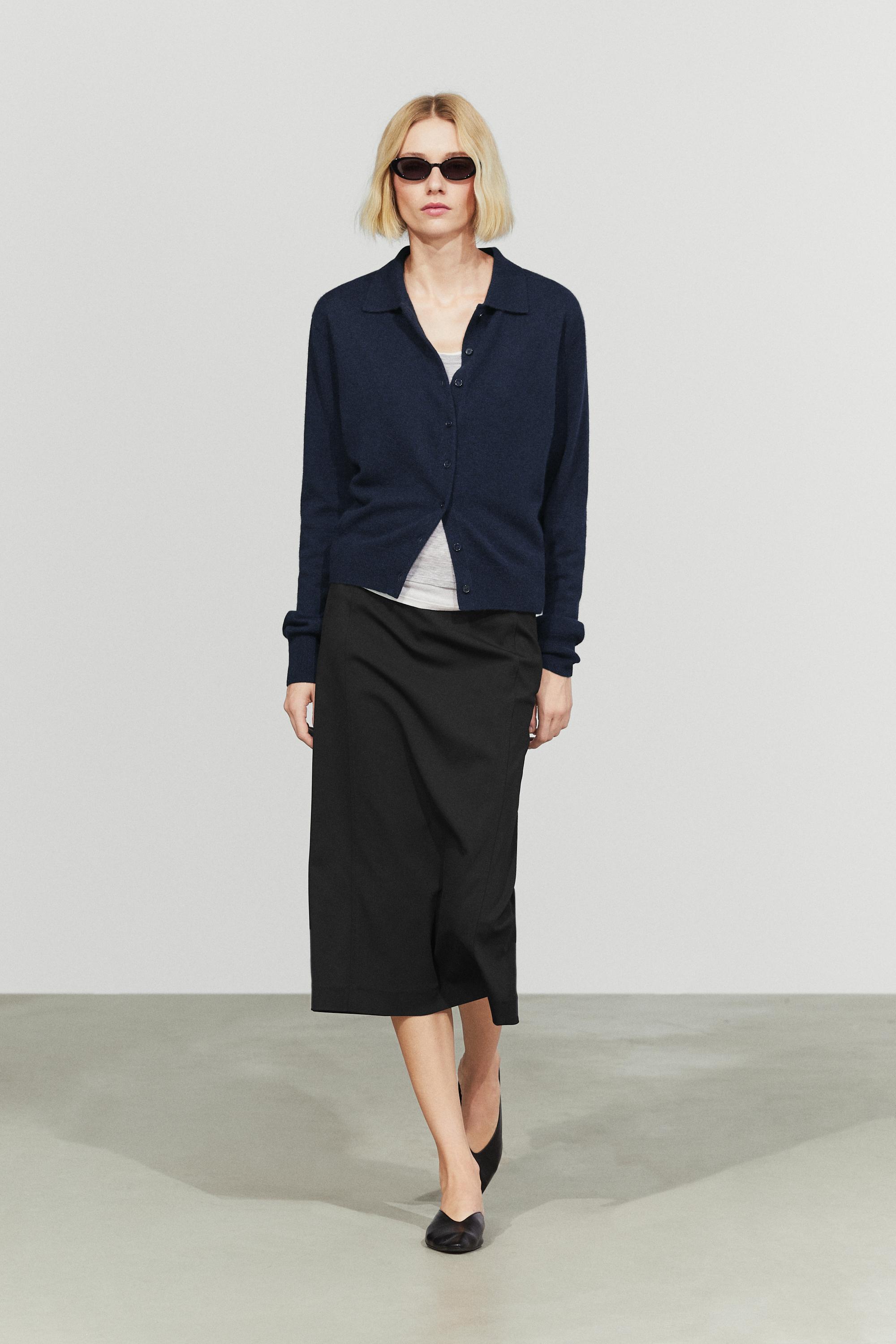 100% cashmere knit polo collar cardigan Navy Blue