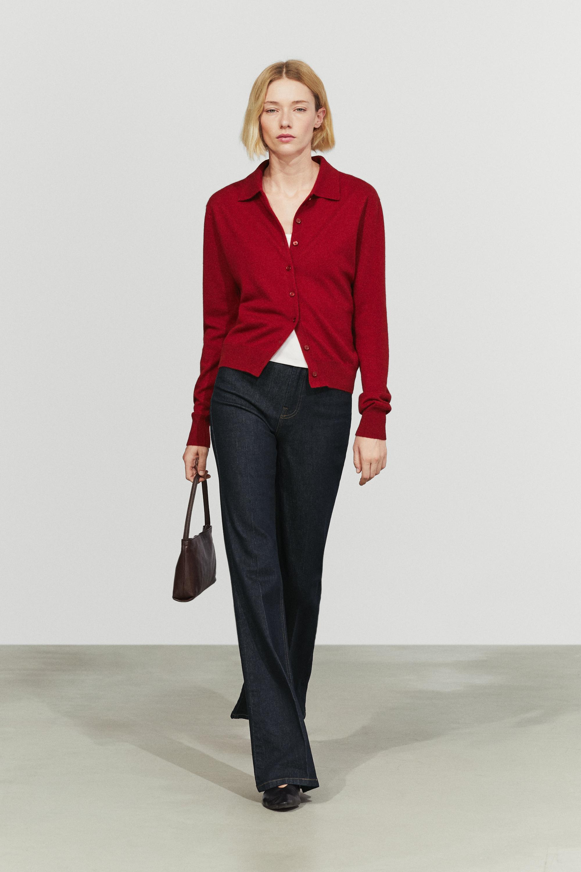 100% cashmere knit polo collar cardigan Maroon