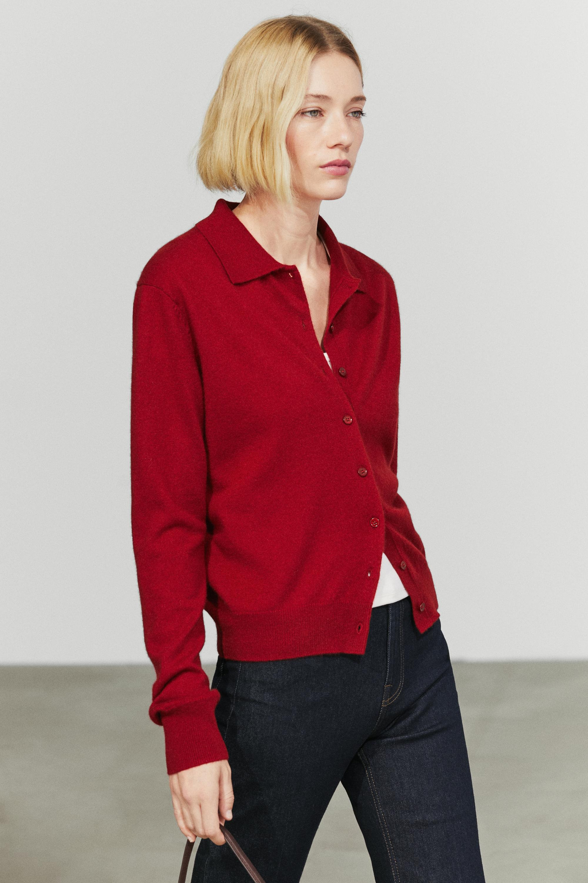 100% cashmere knit polo collar cardigan Maroon