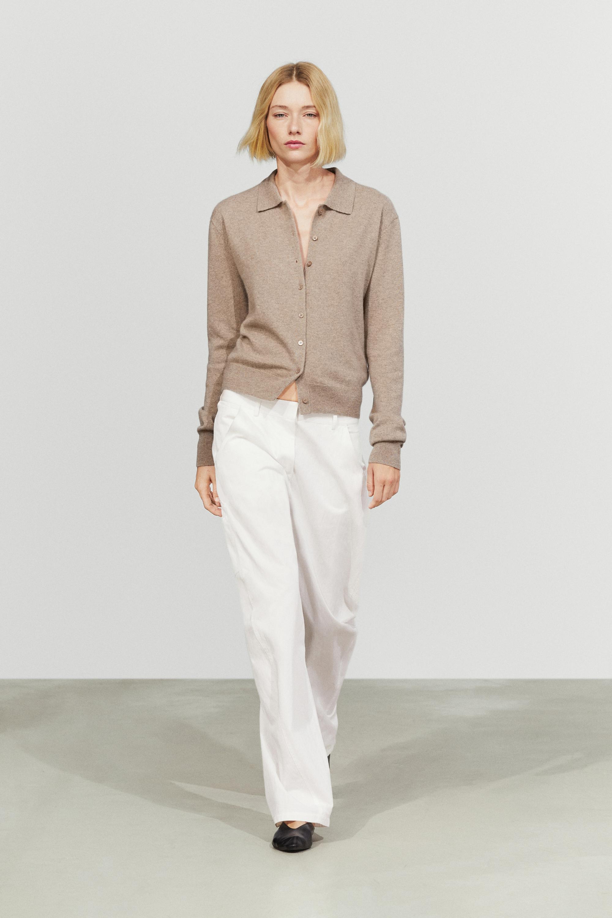 100% cashmere knit polo collar cardigan Mink