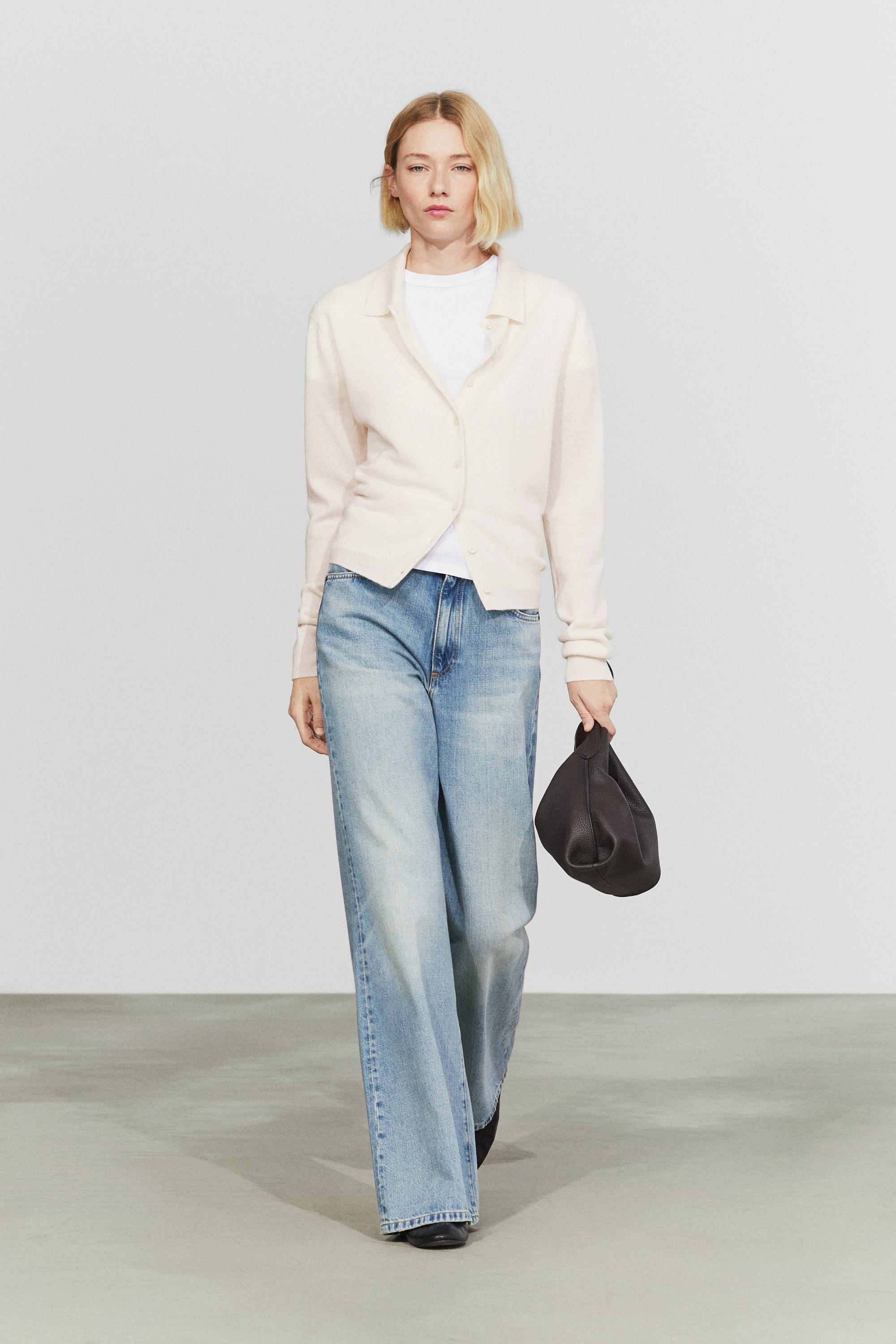 100% cashmere knit polo collar cardigan Cream