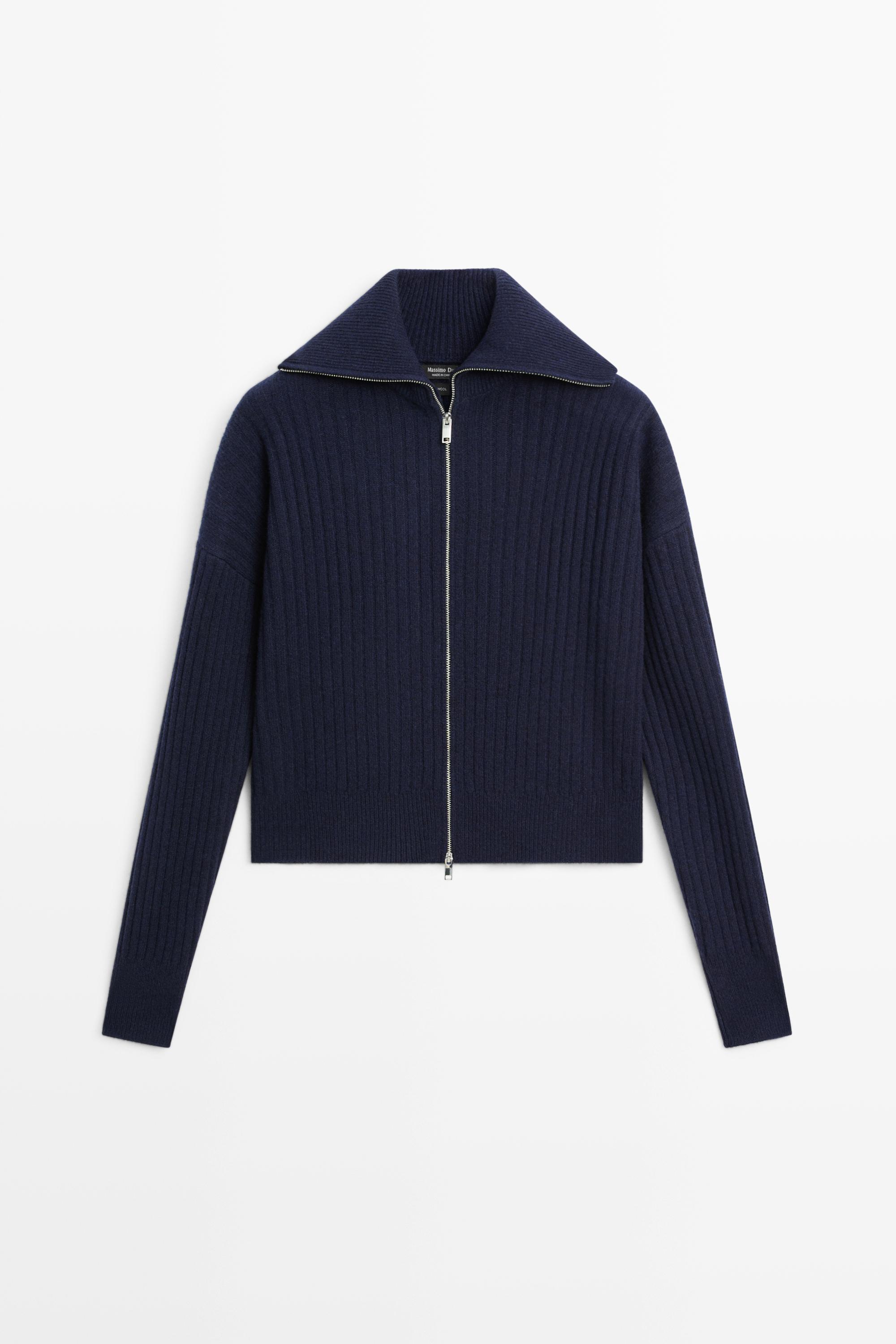 100% wool knit zip-up cardigan Ink Blue