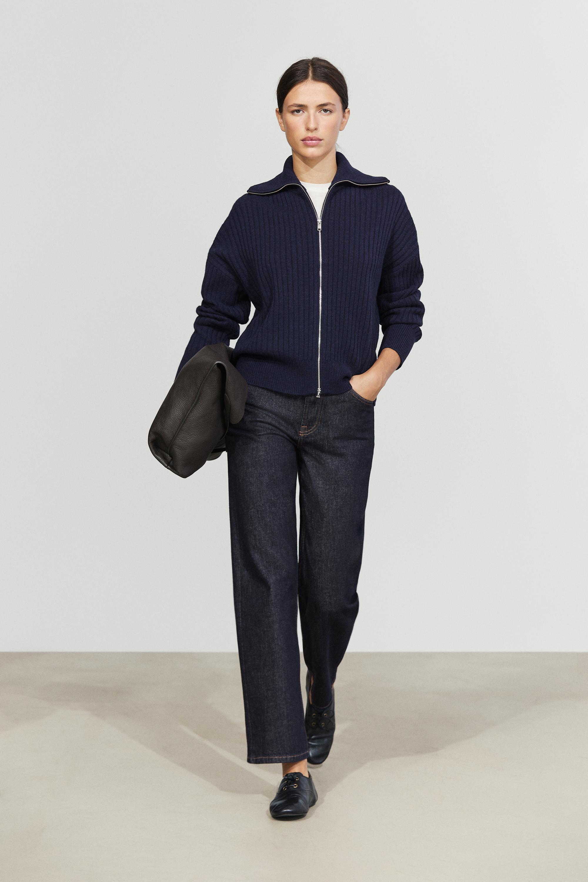 100% wool knit zip-up cardigan Ink Blue
