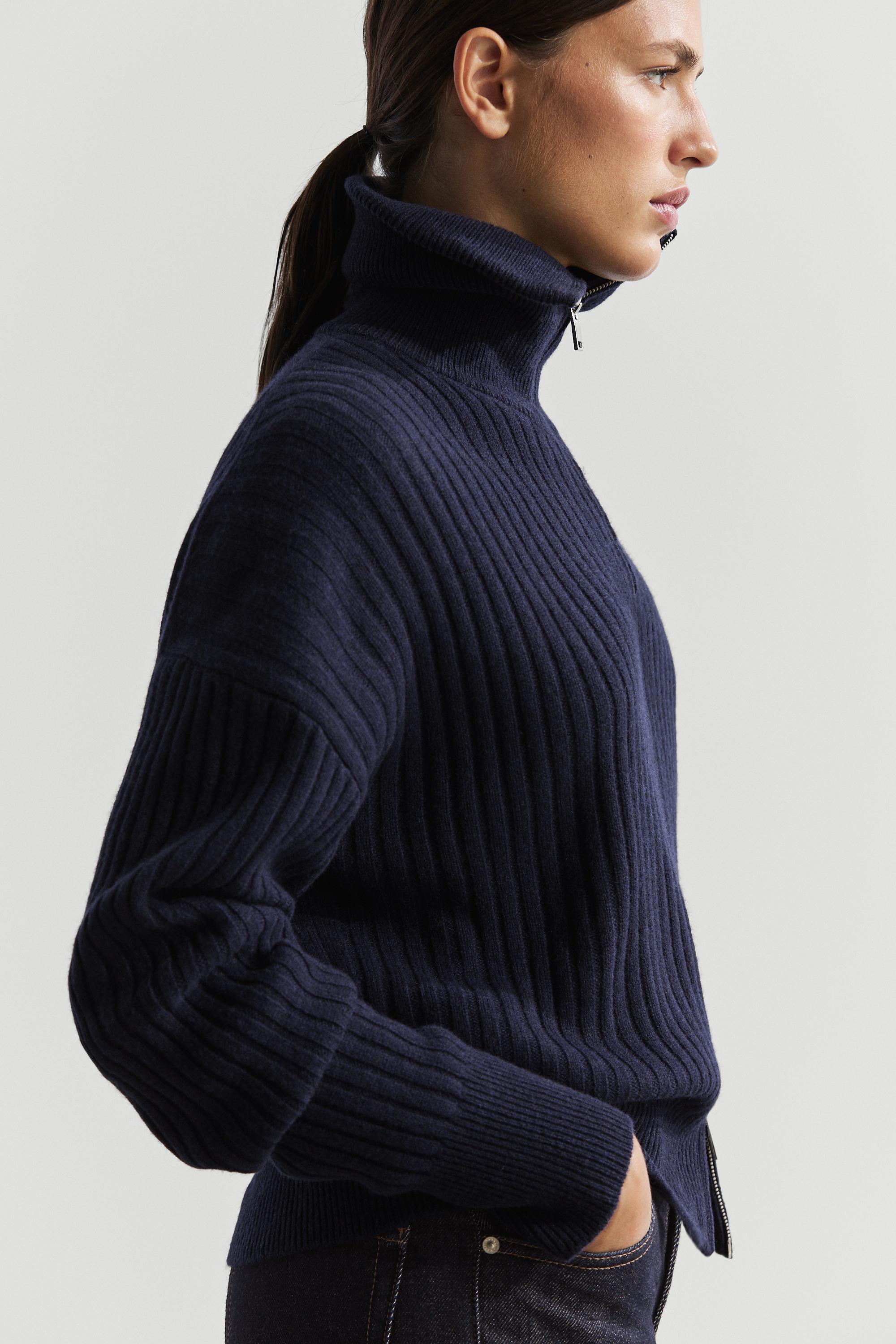 100% wool knit zip-up cardigan Ink Blue