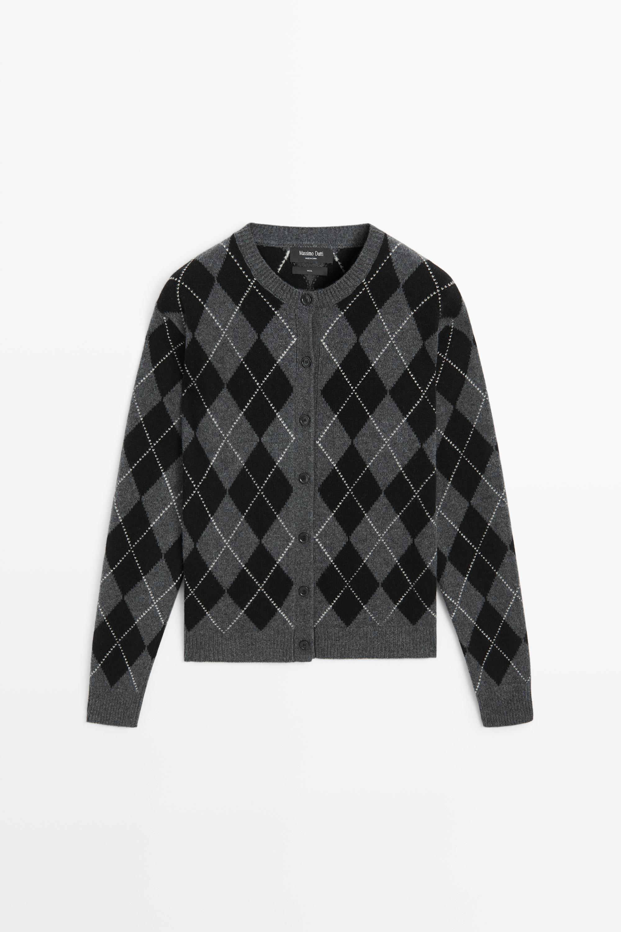 100% wool argyle knit cardigan Dark Grey
