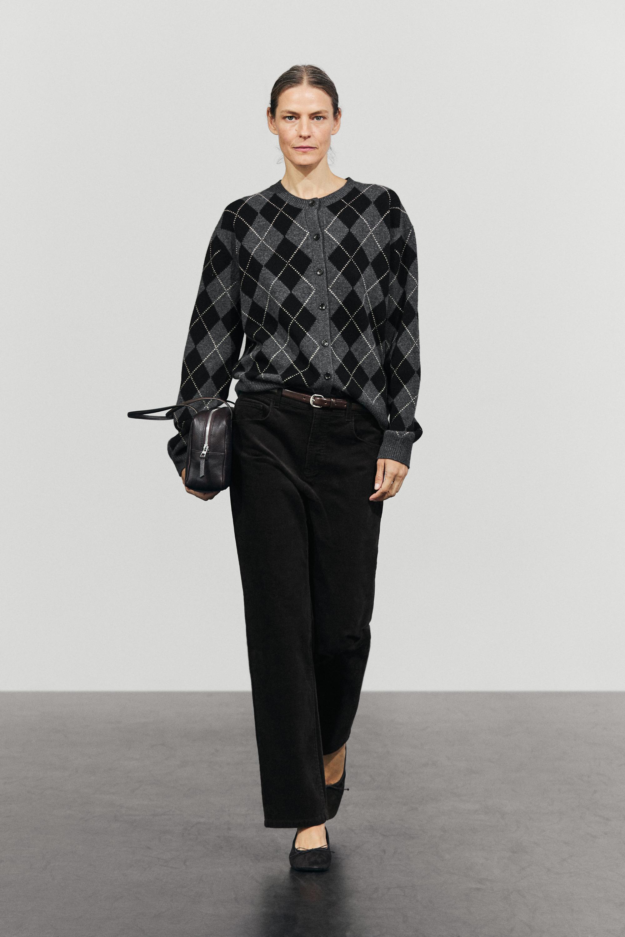 100% wool argyle knit cardigan Dark Grey