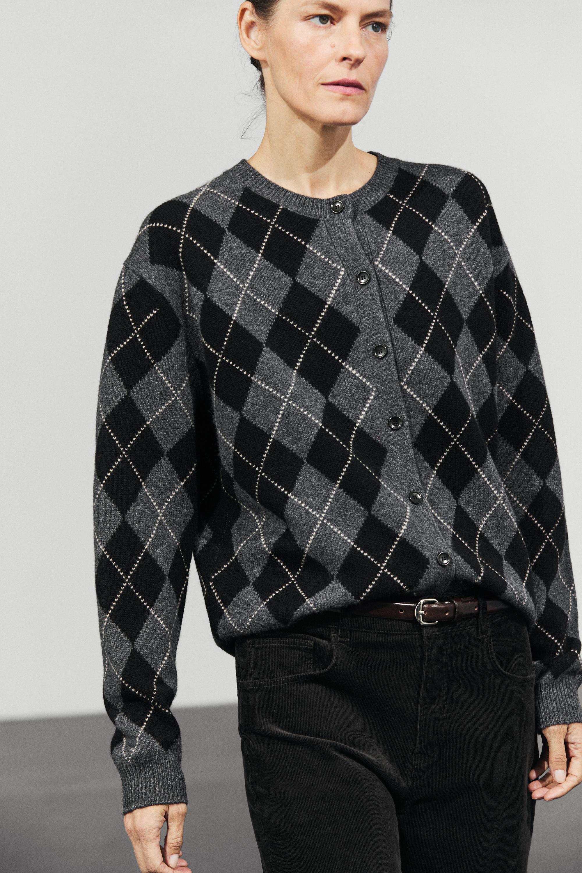 100% wool argyle knit cardigan Dark Grey