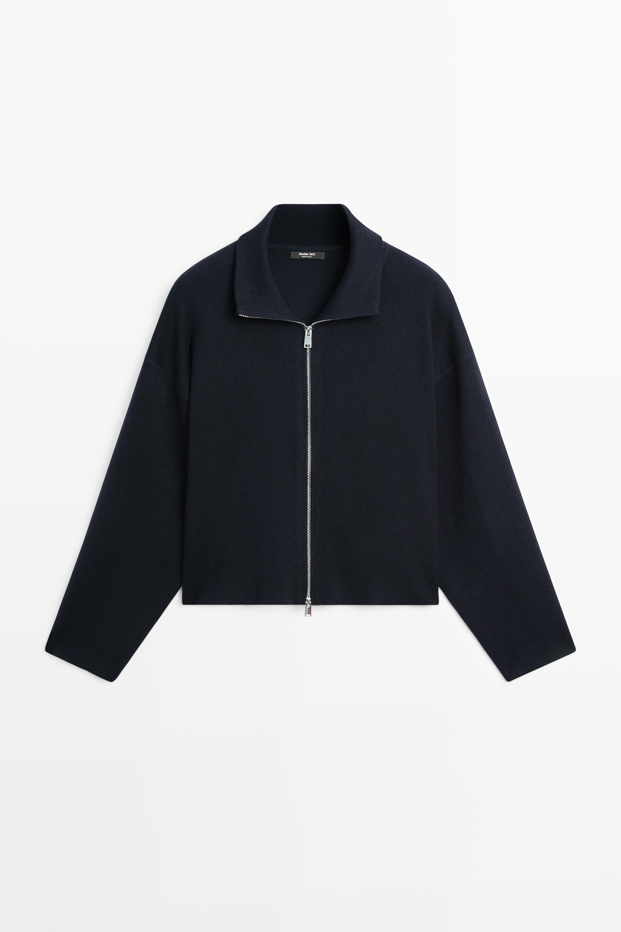 Cotton knit zip-up jacket Navy Blue