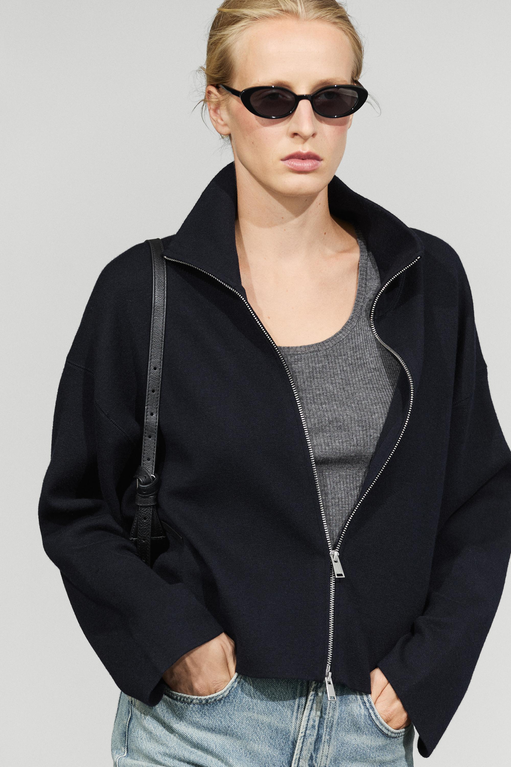 Cotton knit zip-up jacket Navy Blue