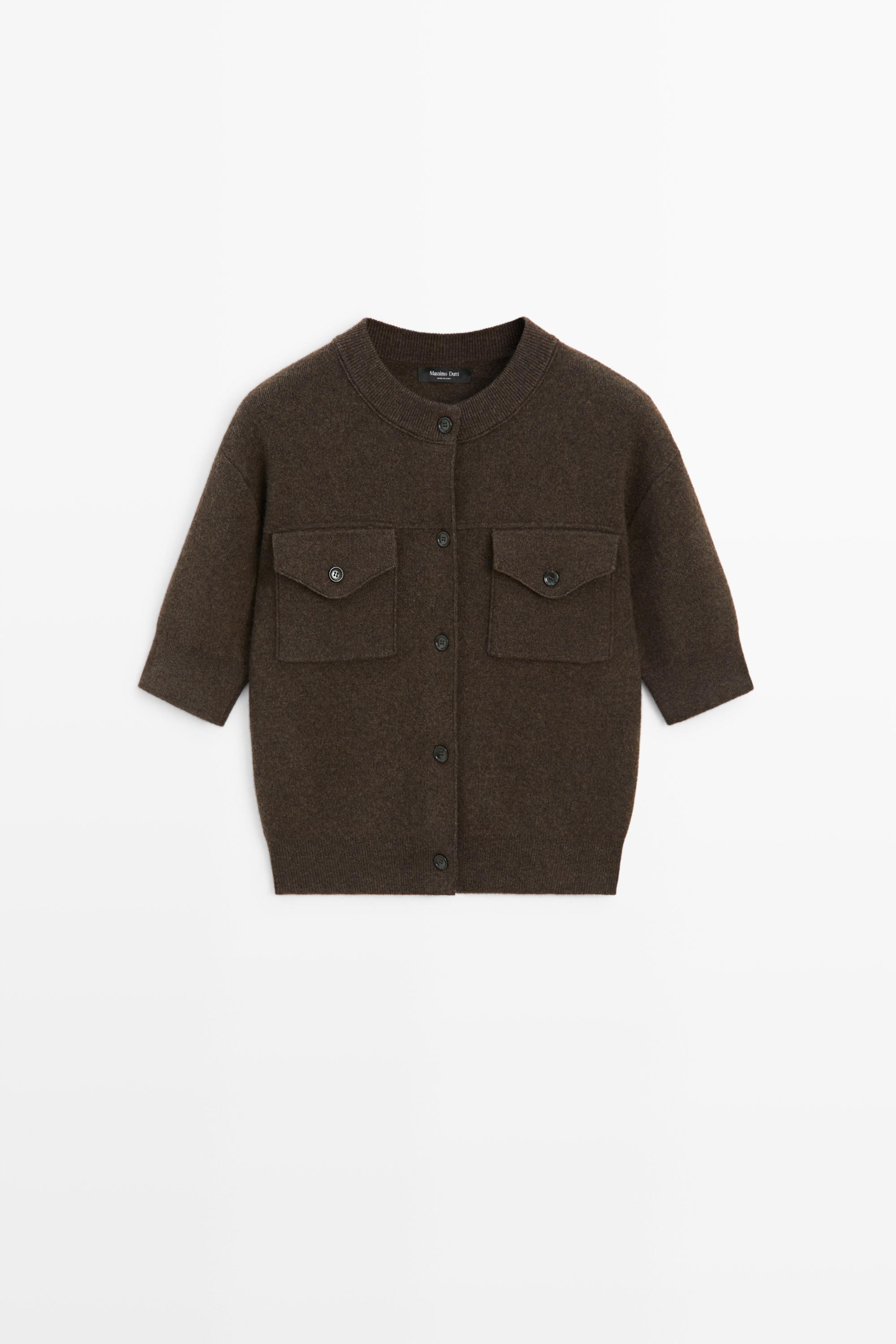 Short sleeve knit cardigan with pockets Brown