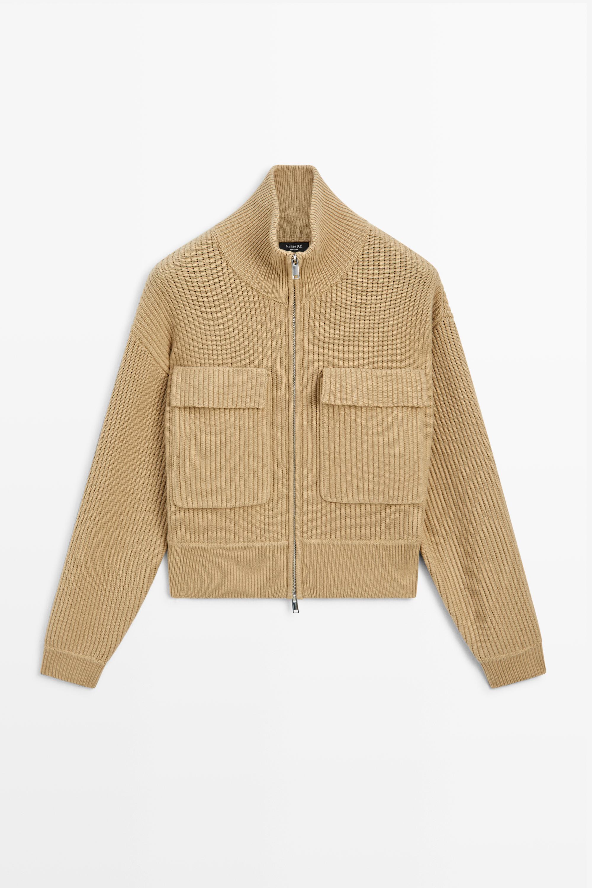 Zip-up knit cardigan with cotton Camel