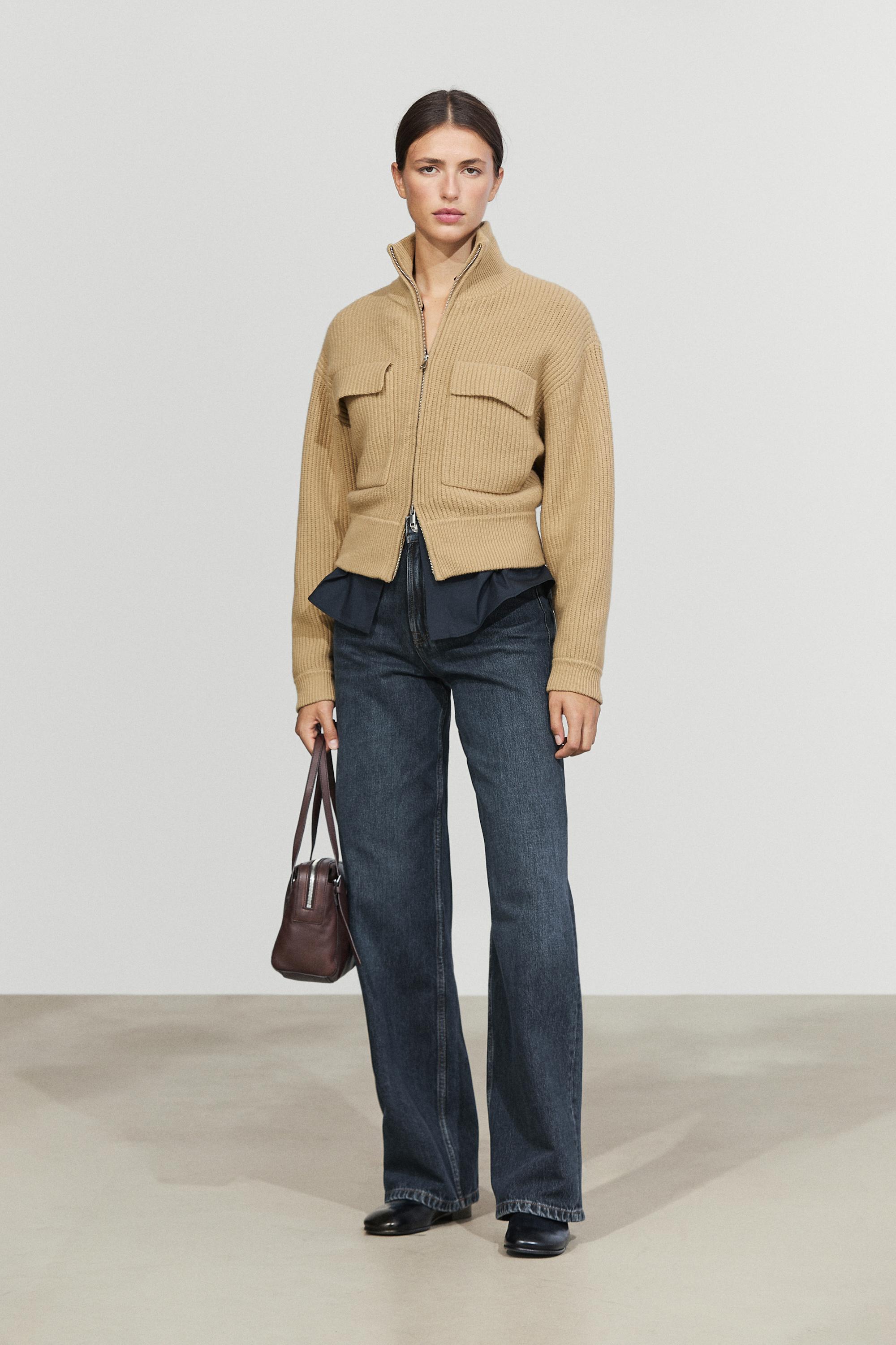 Zip-up knit cardigan with cotton Camel