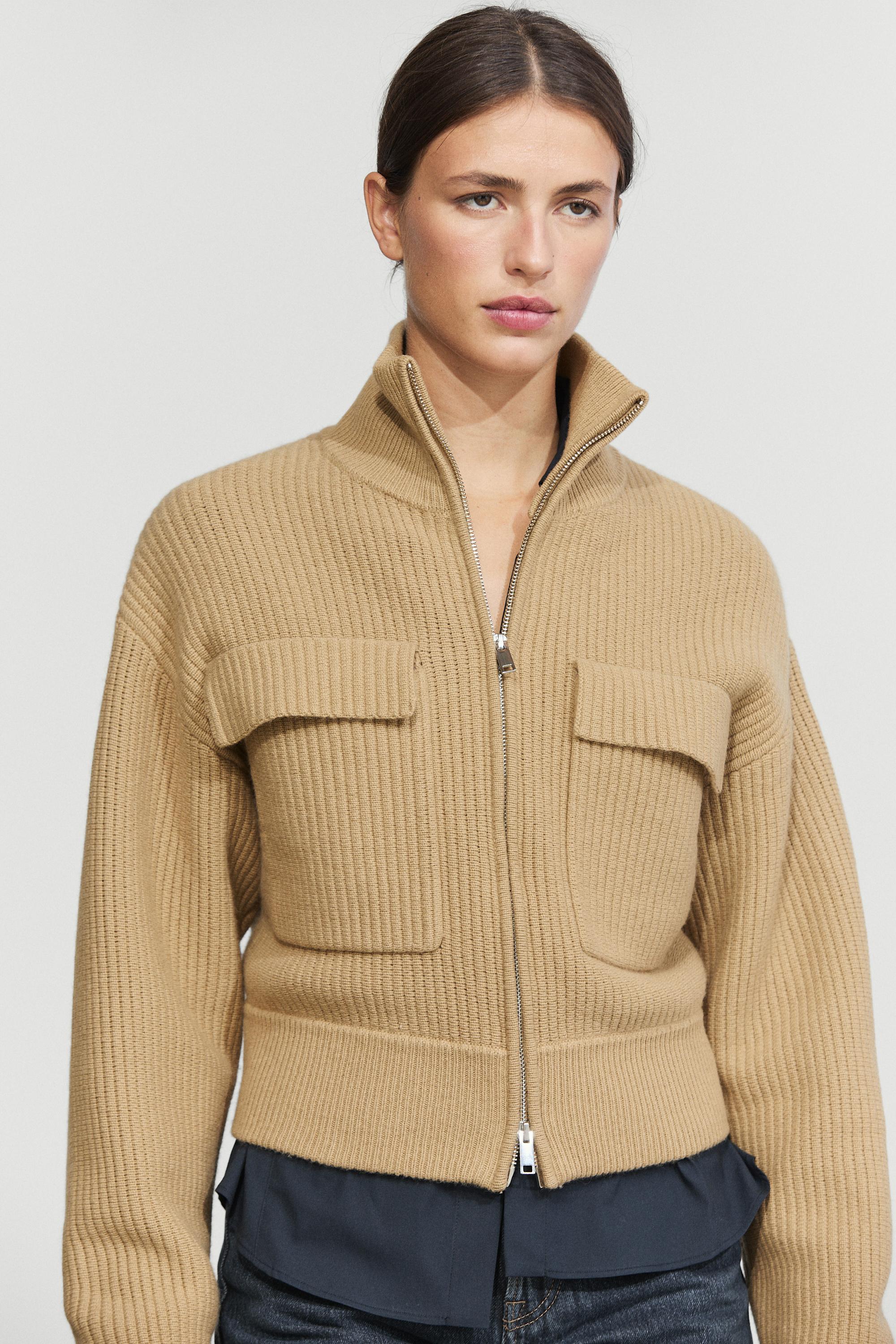 Zip-up knit cardigan with cotton Camel