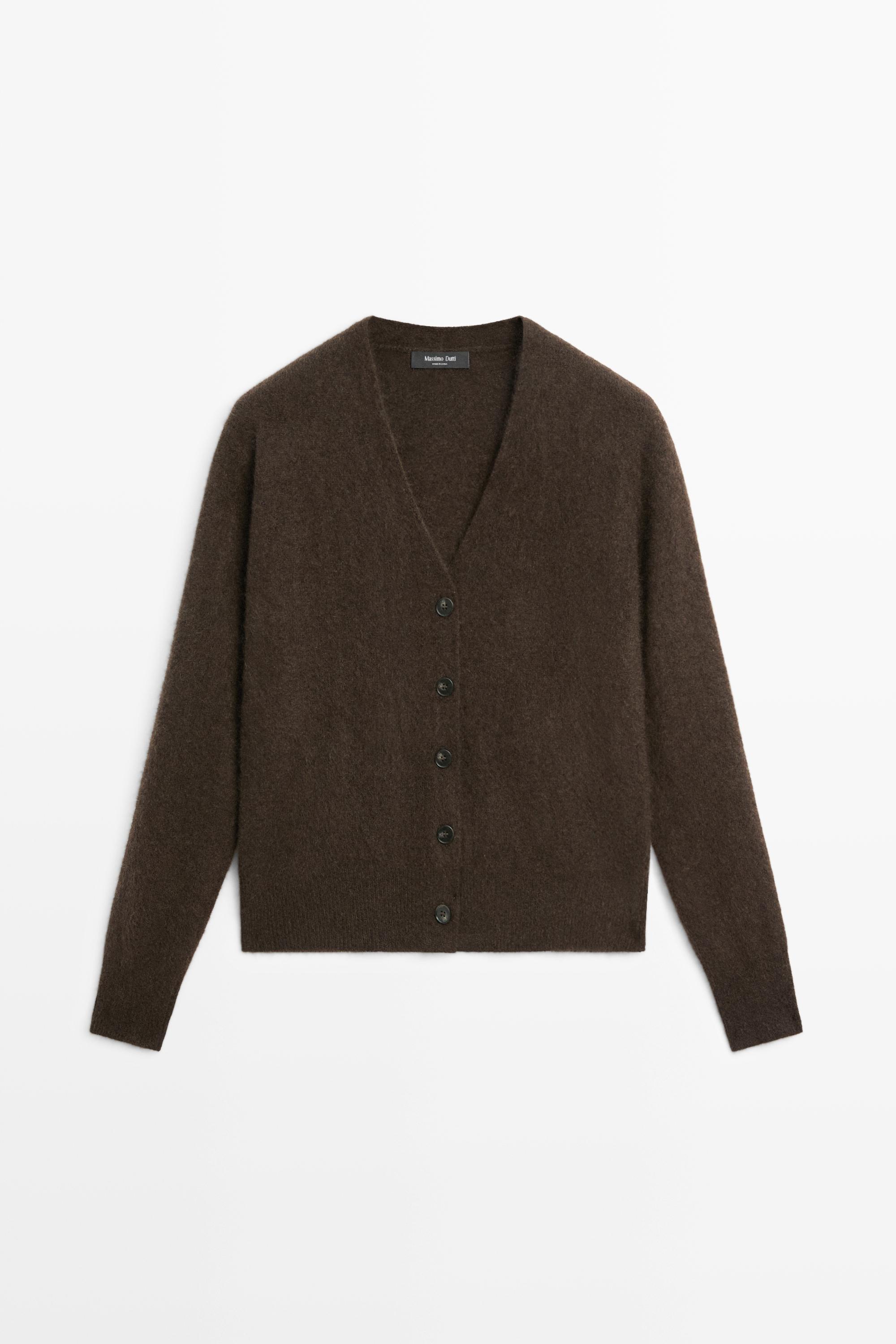 Brushed wool-blend V-neck knit cardigan Brown